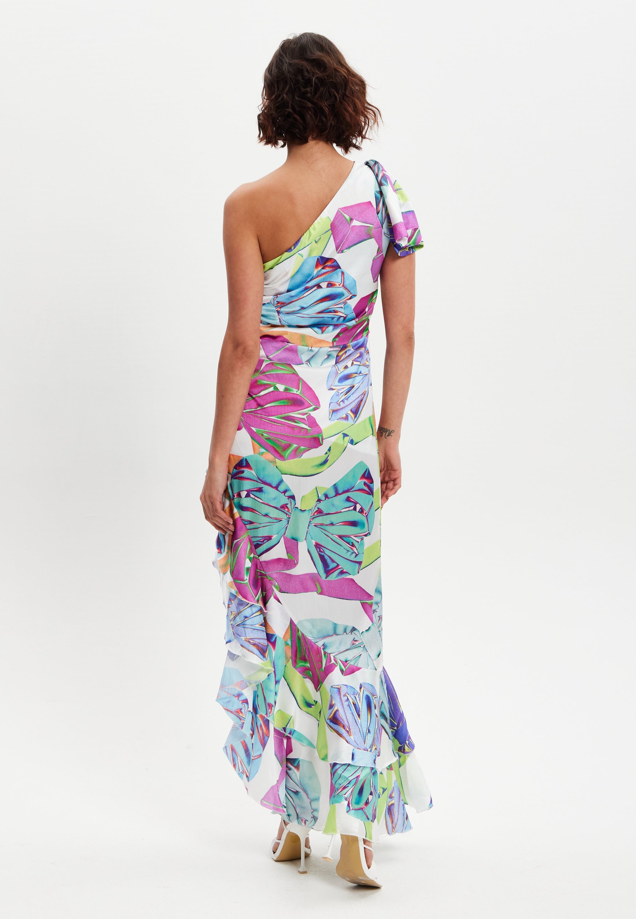 Women’s Midi Dress with One Shoulder Frill and Bow Print, Asymmetric Length, Slim Fit Design