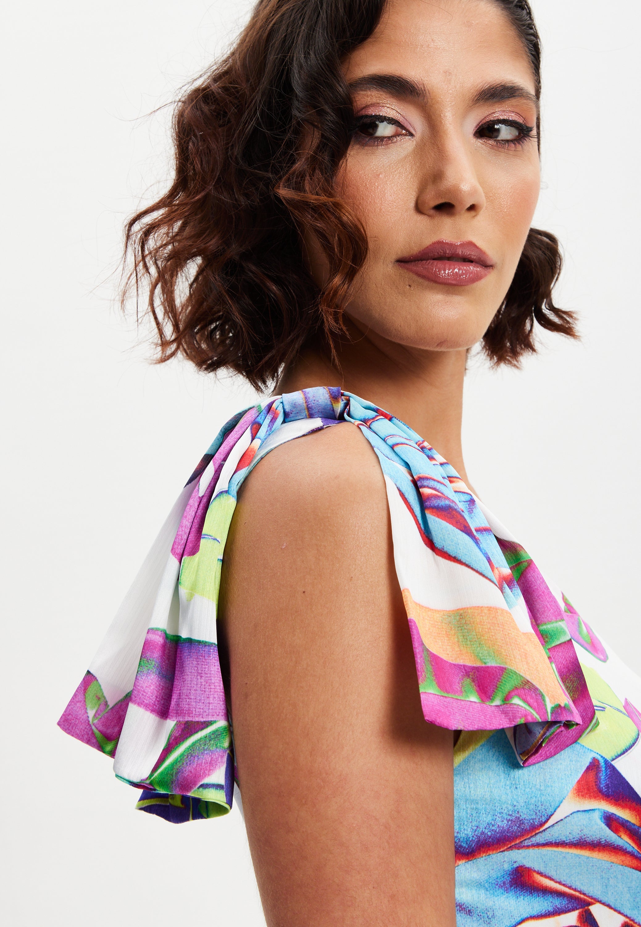 Women’s Midi Dress with One Shoulder Frill and Bow Print, Asymmetric Length, Slim Fit Design