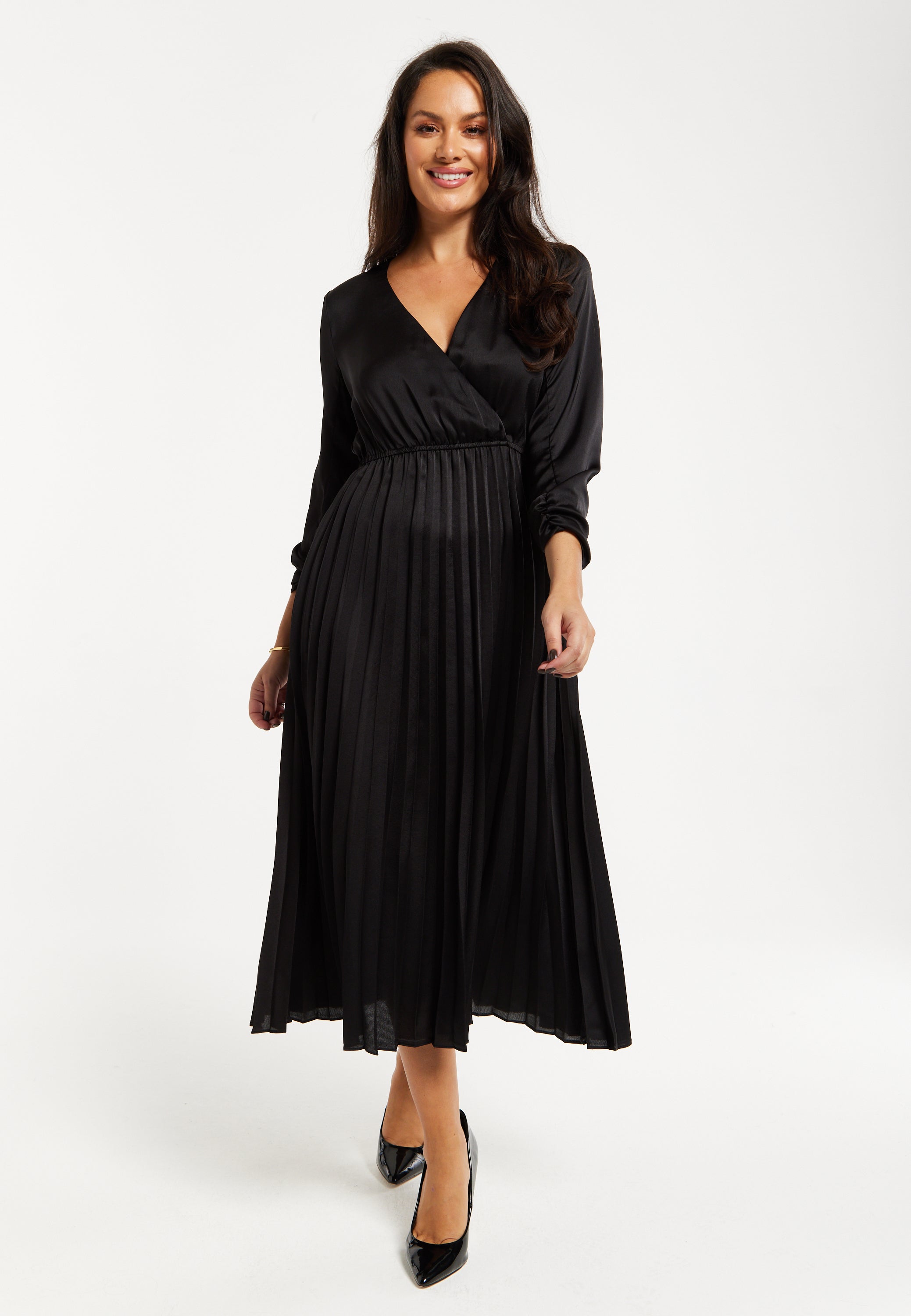 Women's Midi Dress with Pleat Details in Black, V Neck and Sleeveless Design, by Liquorish