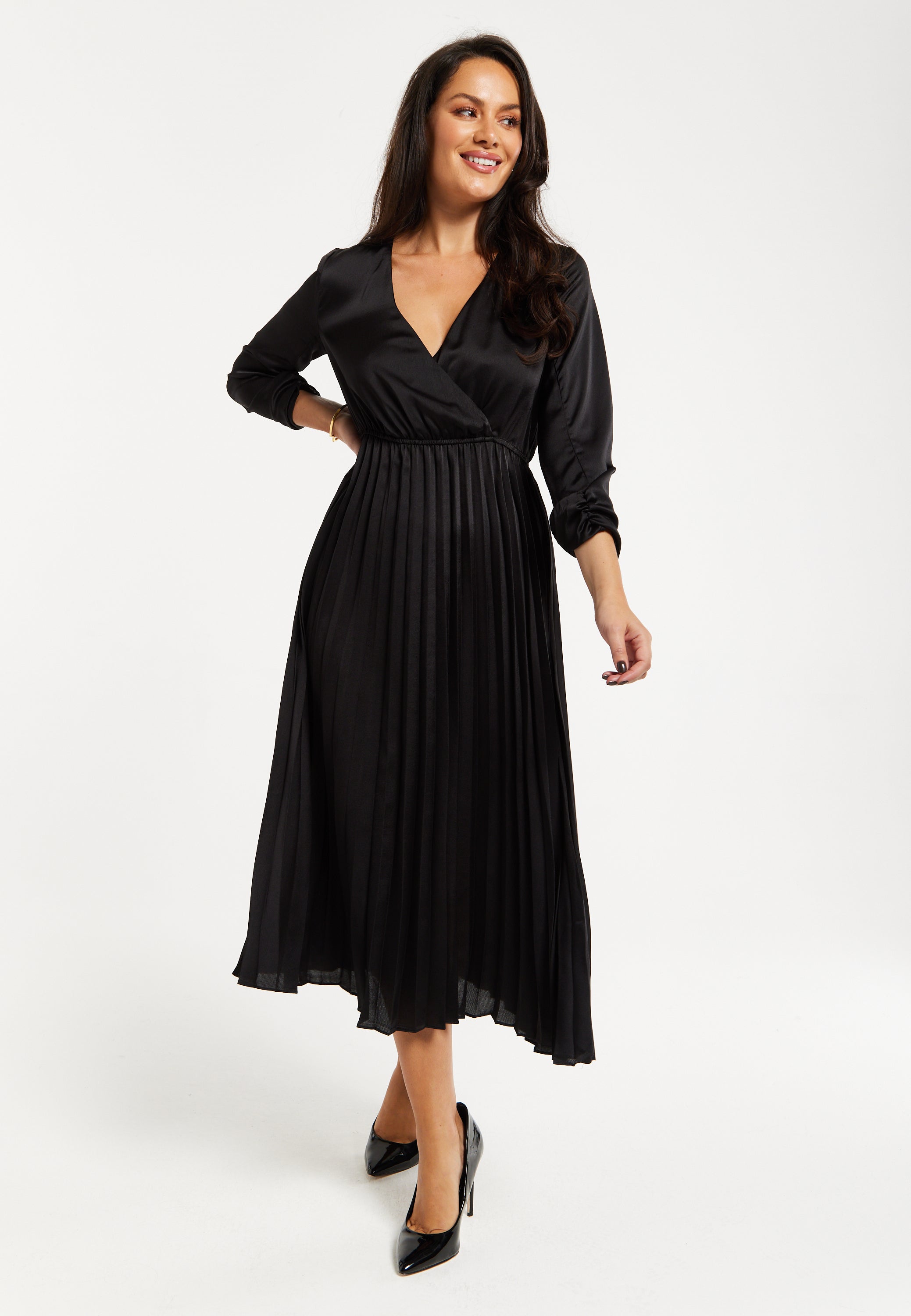 Women's Midi Dress with Pleat Details in Black, V Neck and Sleeveless Design, by Liquorish