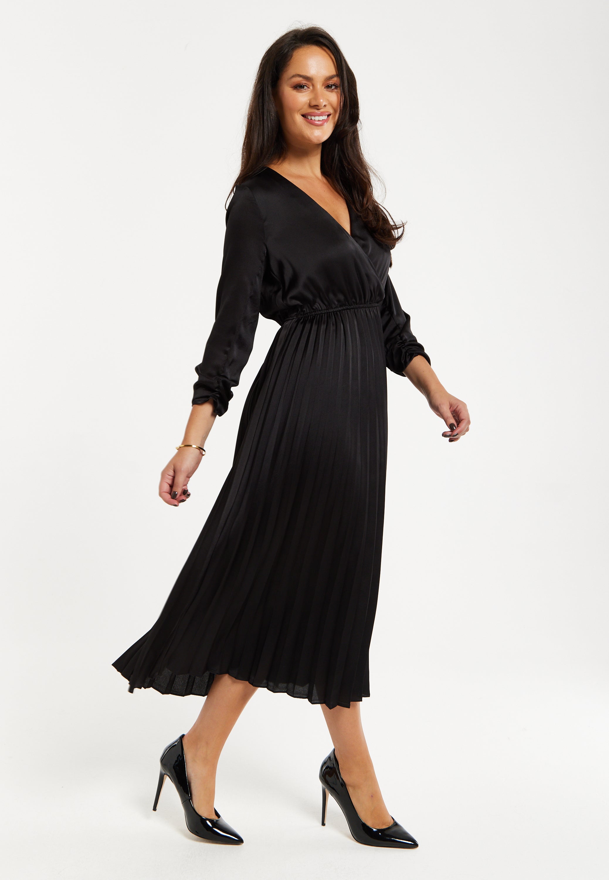 Women's Midi Dress with Pleat Details in Black, V Neck and Sleeveless Design, by Liquorish