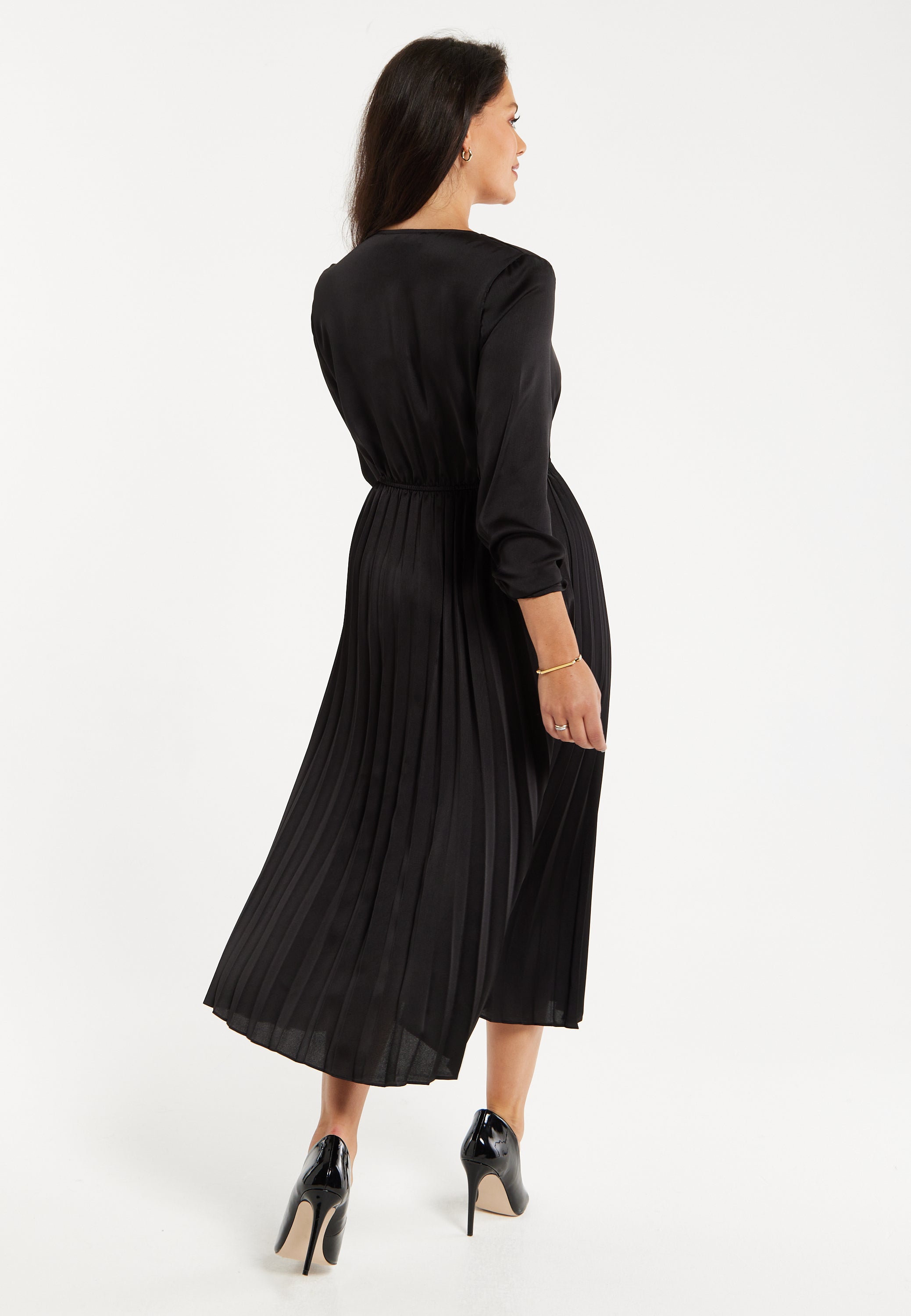 Women's Midi Dress with Pleat Details in Black, V Neck and Sleeveless Design, by Liquorish