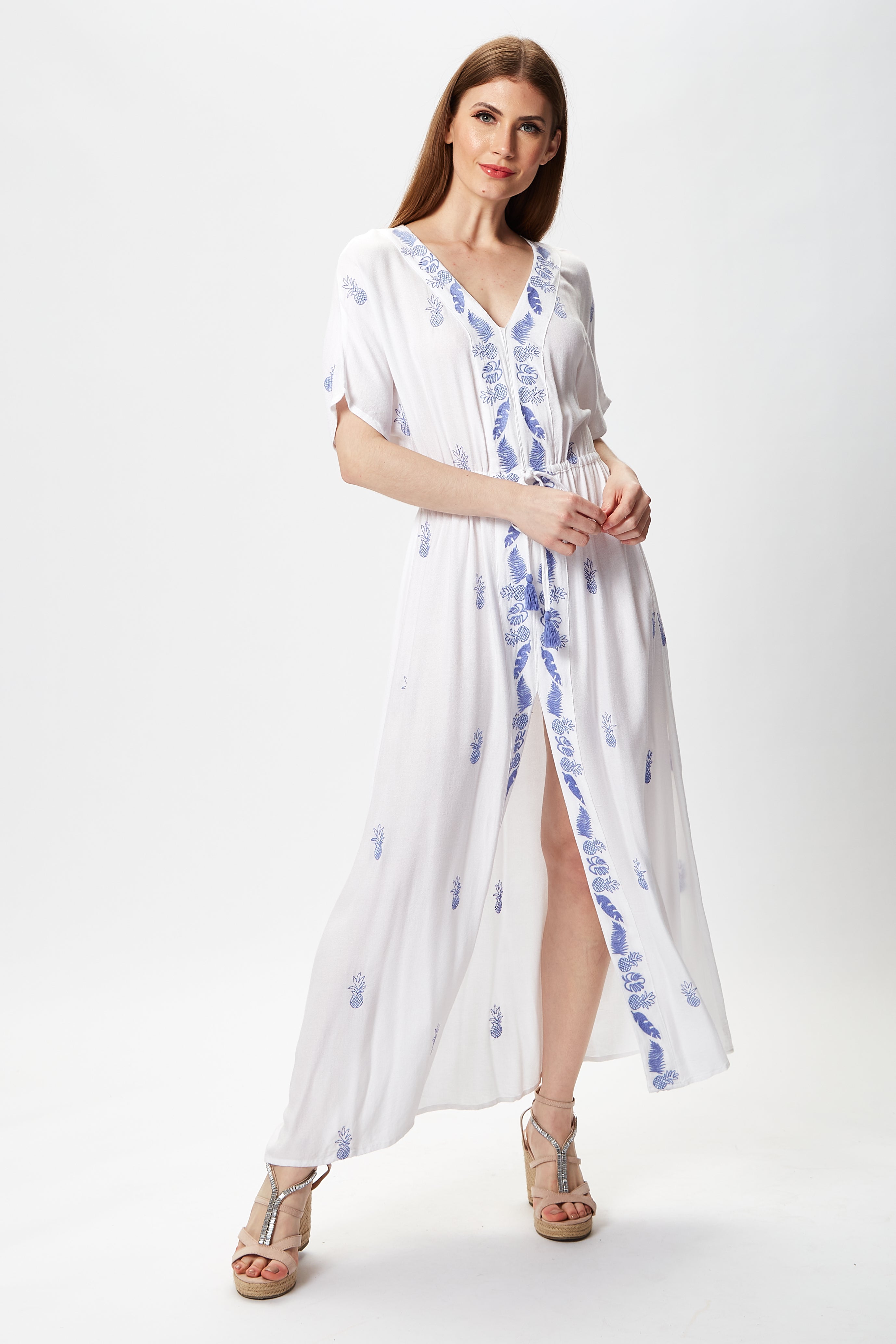 Women's Maxi Dress with Short Sleeves, Blue Pineapple Embroidery in White - Liquorish