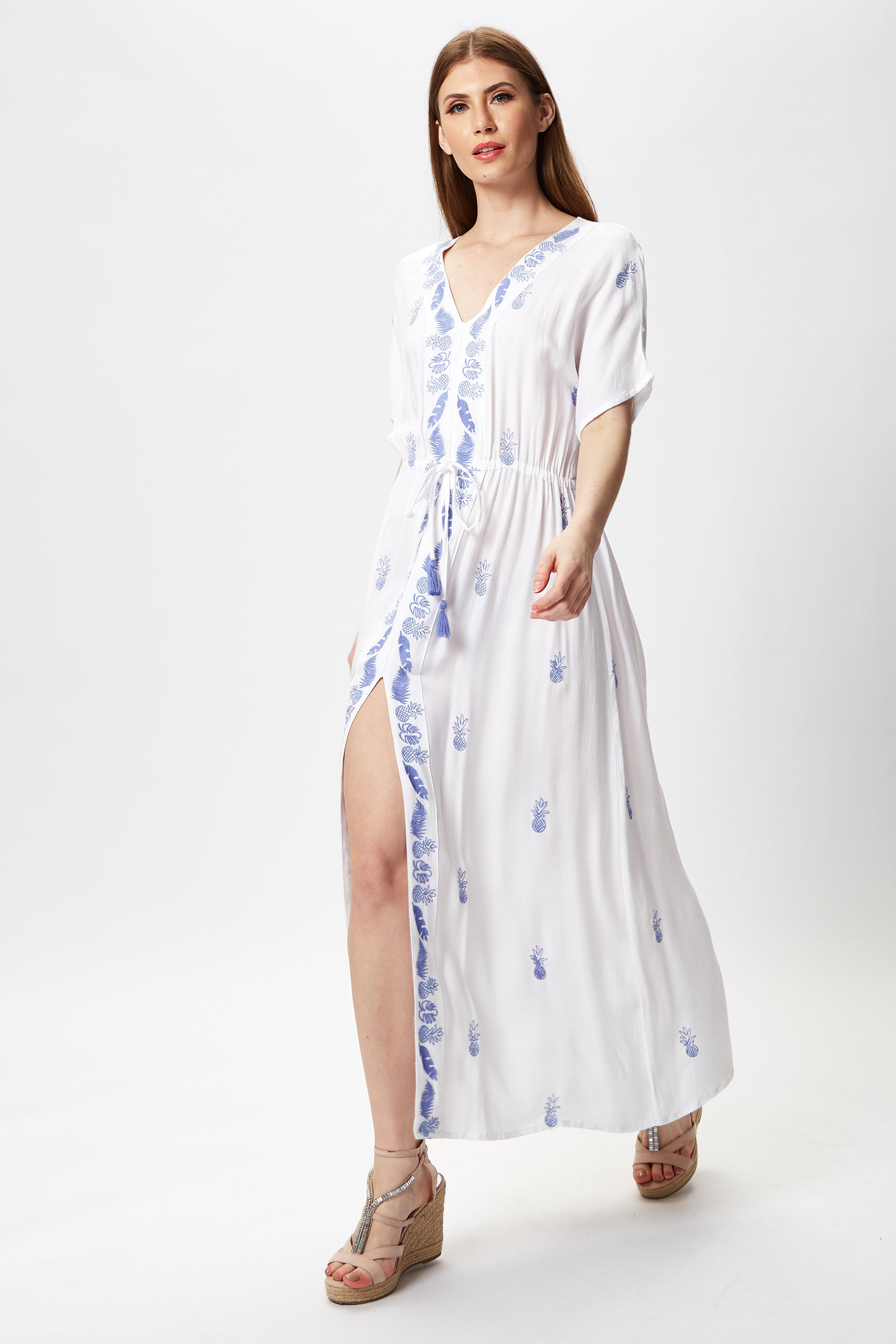 Women's Maxi Dress with Short Sleeves, Blue Pineapple Embroidery in White - Liquorish