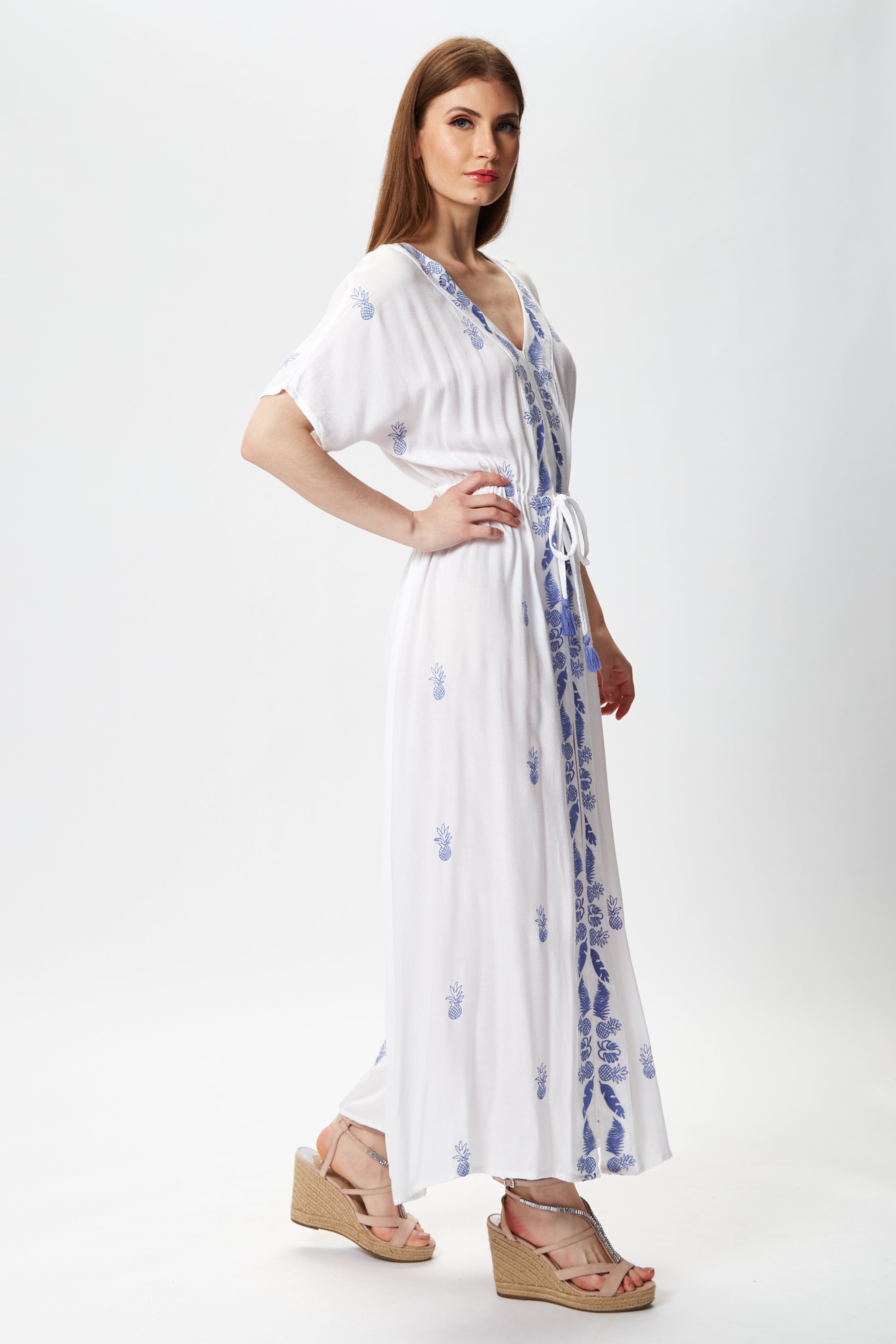 Women's Maxi Dress with Short Sleeves, Blue Pineapple Embroidery in White - Liquorish