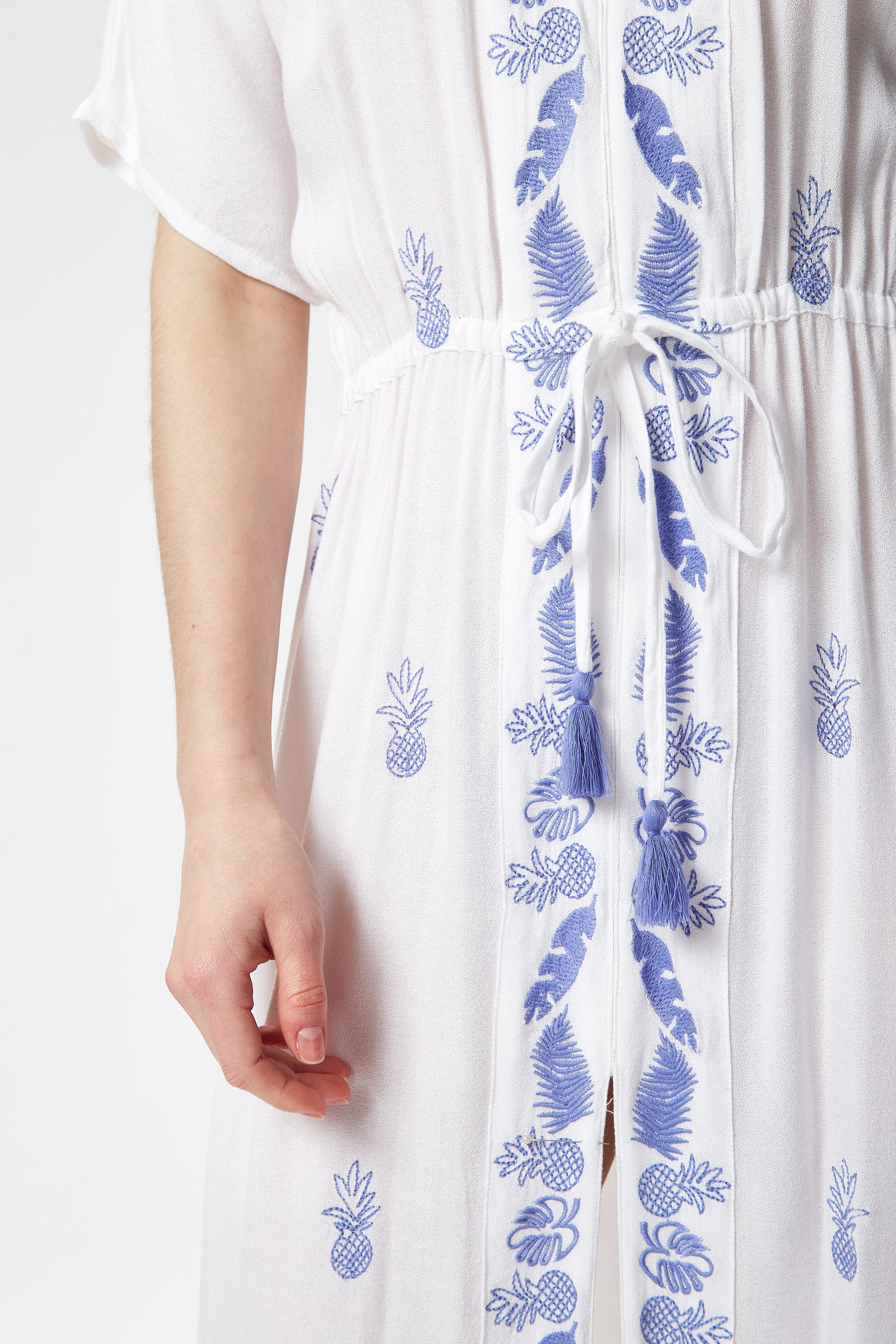 Women's Maxi Dress with Short Sleeves, Blue Pineapple Embroidery in White - Liquorish