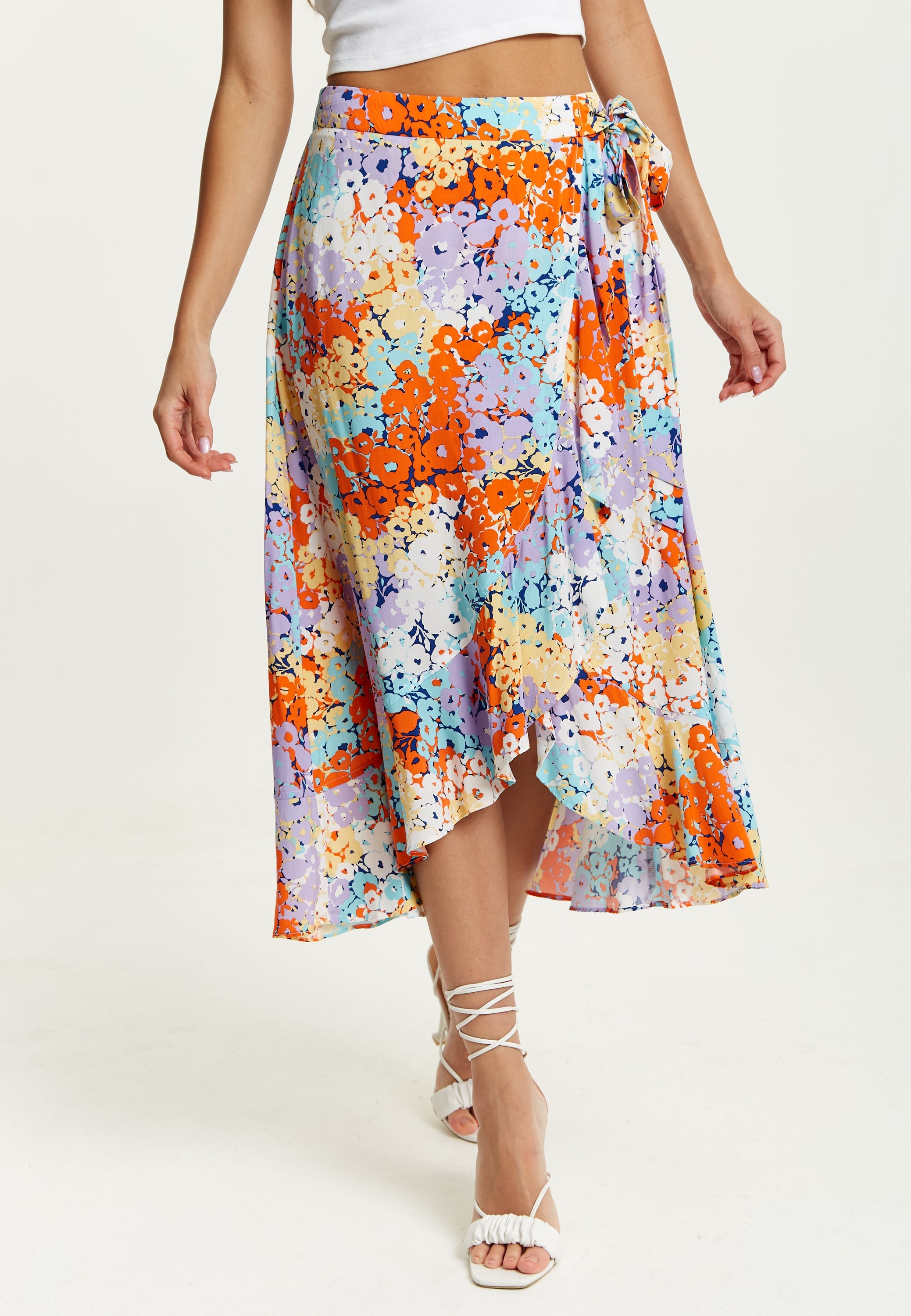 Women's Multicolour Floral Print Midi Wrap Skirt with Frill Details and Asymmetrical Hem by Liquorish