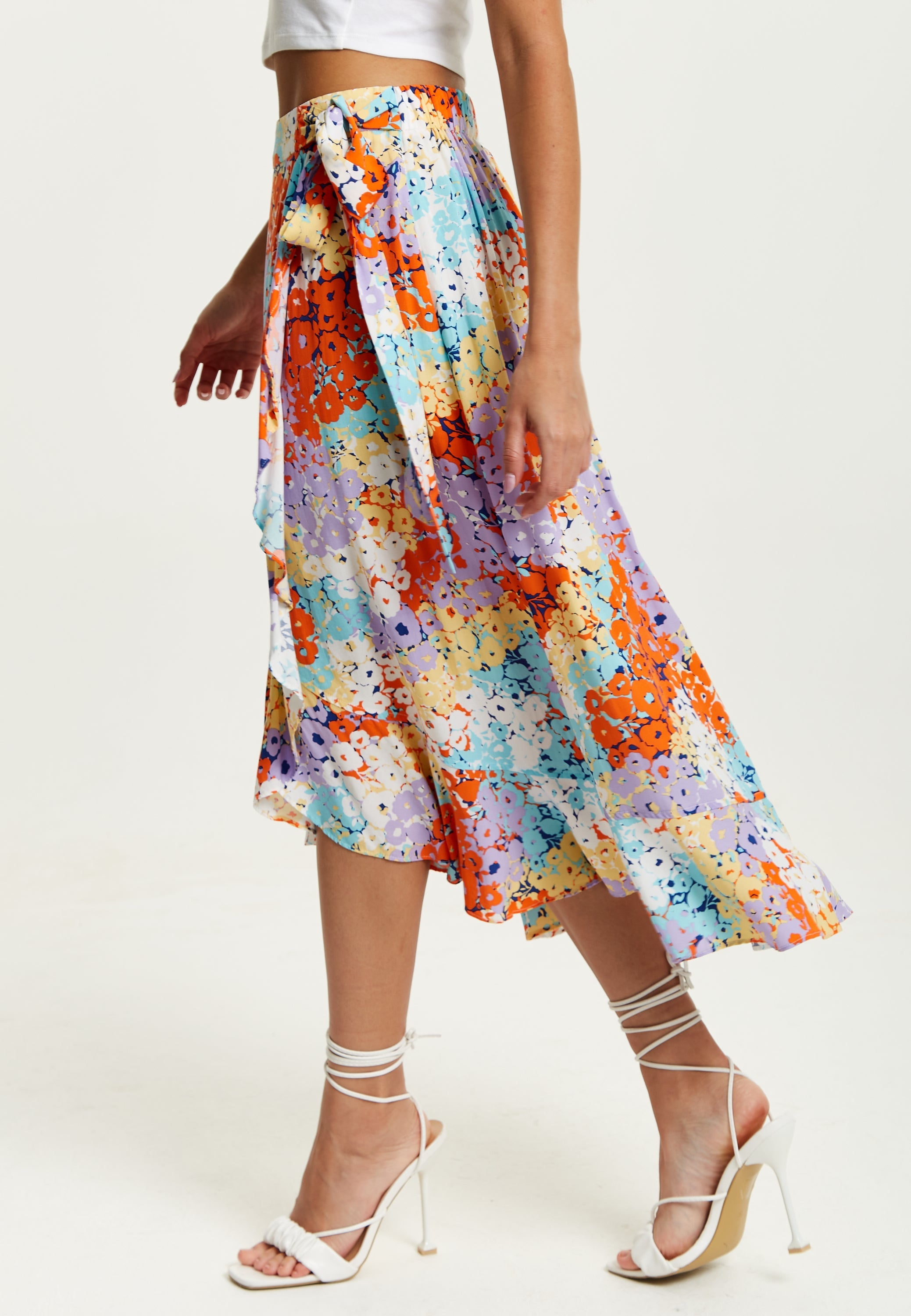 Women's Multicolour Floral Print Midi Wrap Skirt with Frill Details and Asymmetrical Hem by Liquorish