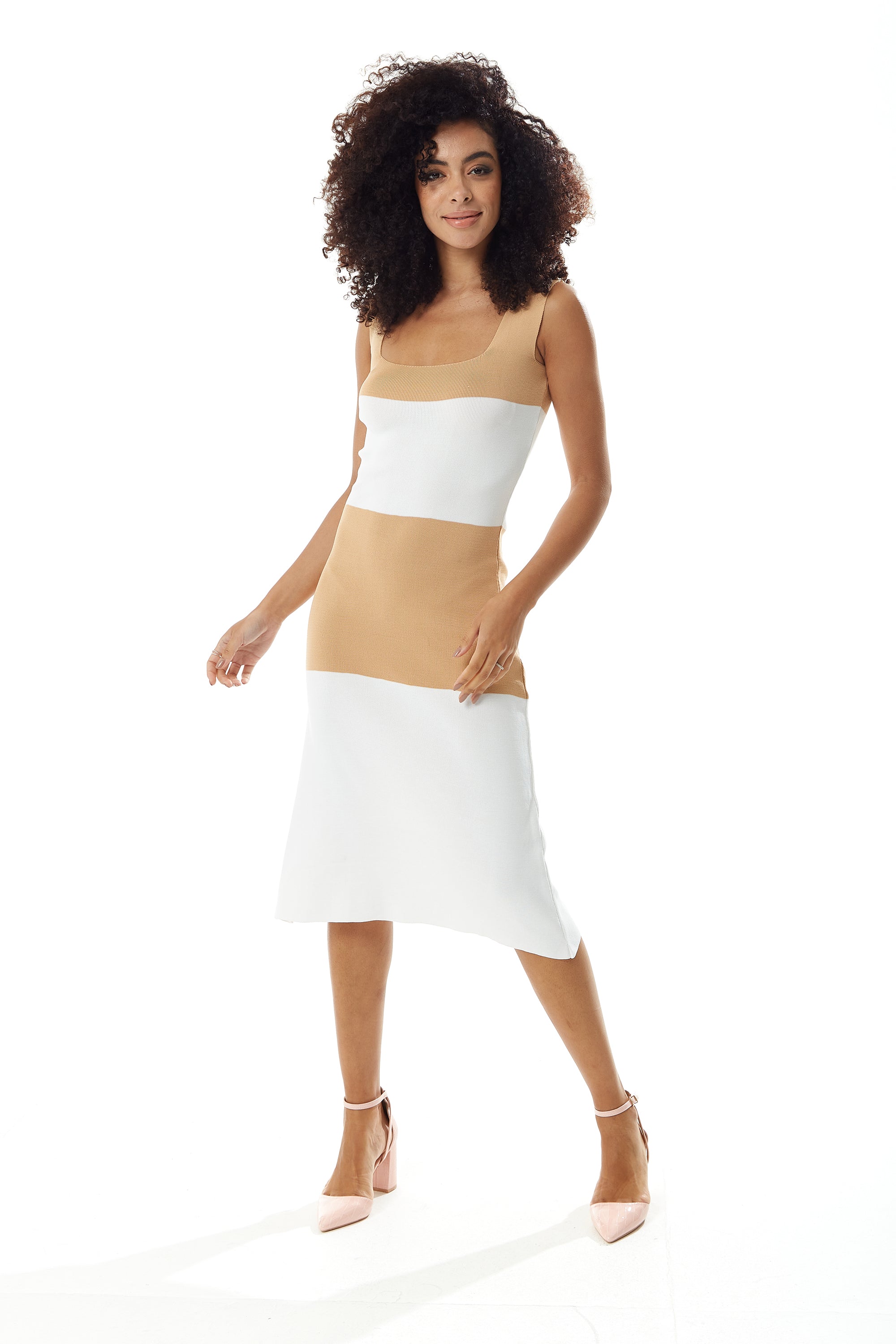 Women's Midi Dress in Cream and White, Sleeveless Fitted Style with Square Neck - Liquorish