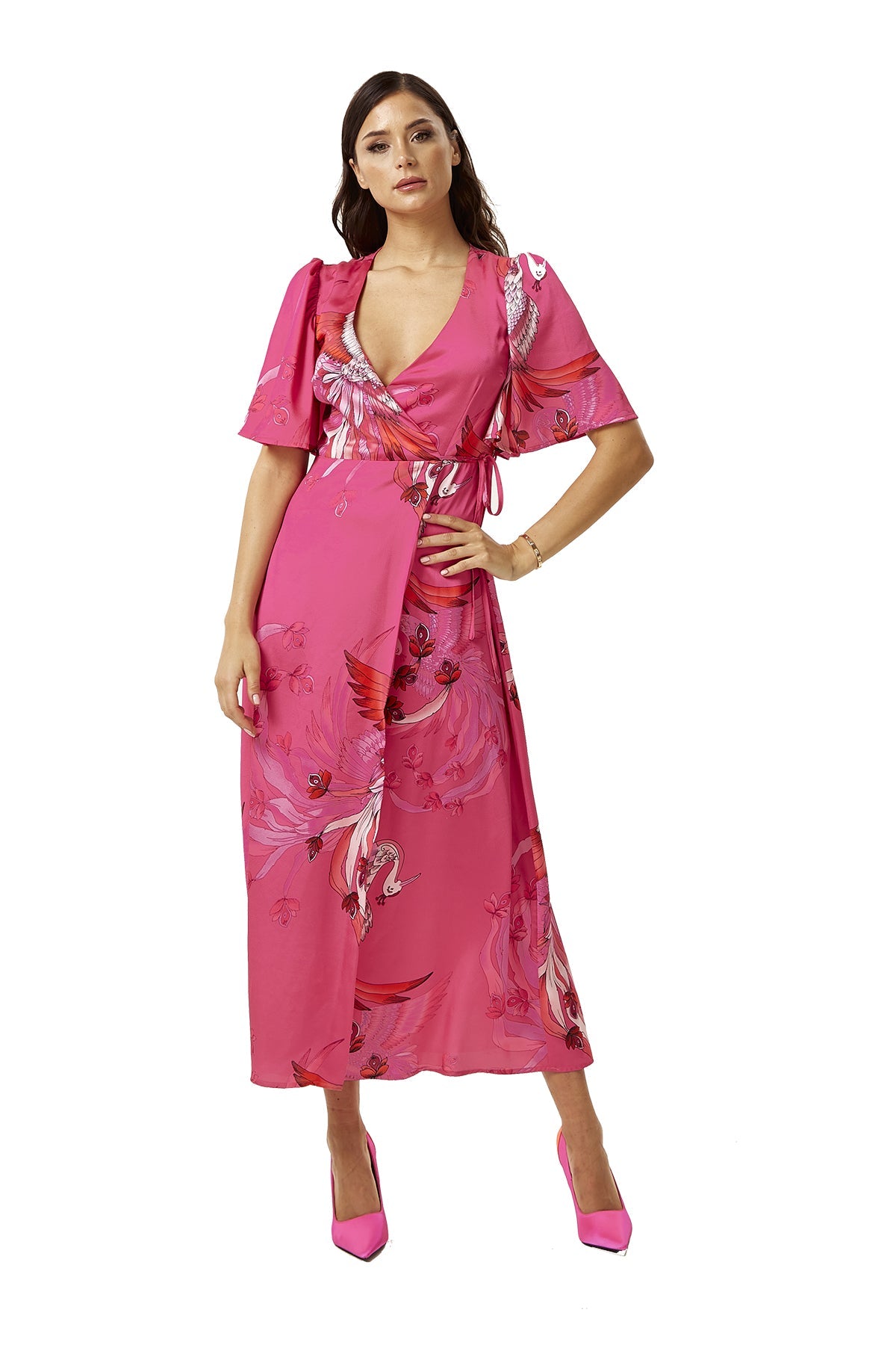 Women's Maxi Dress in Fuchsia Floral with Short Sleeves and Tie Waist - Liquorish