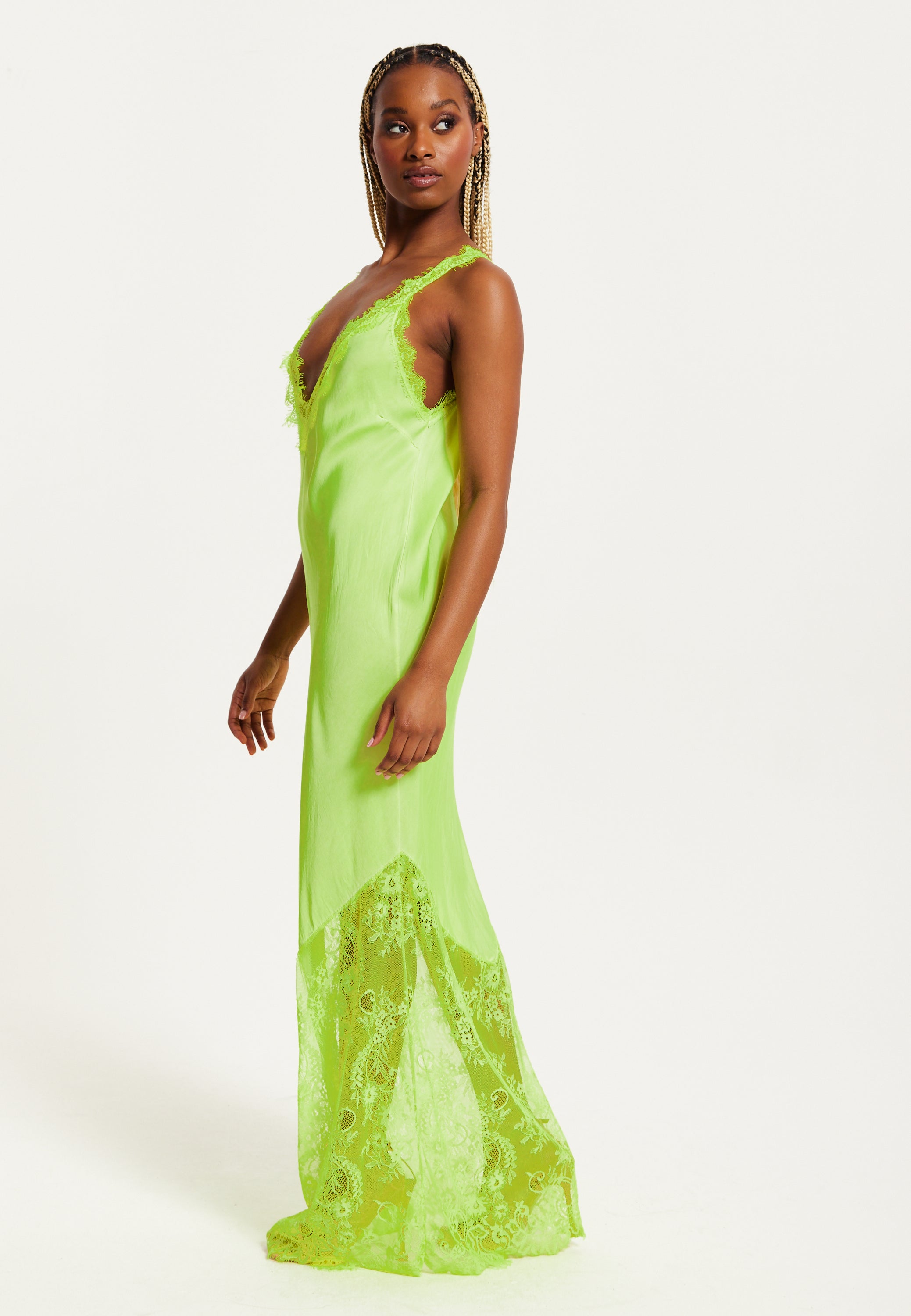 Women's Maxi Dress in Bright Yellow with Lace Detail, Deep V-Neck, and Sleeveless Design - Liquorish