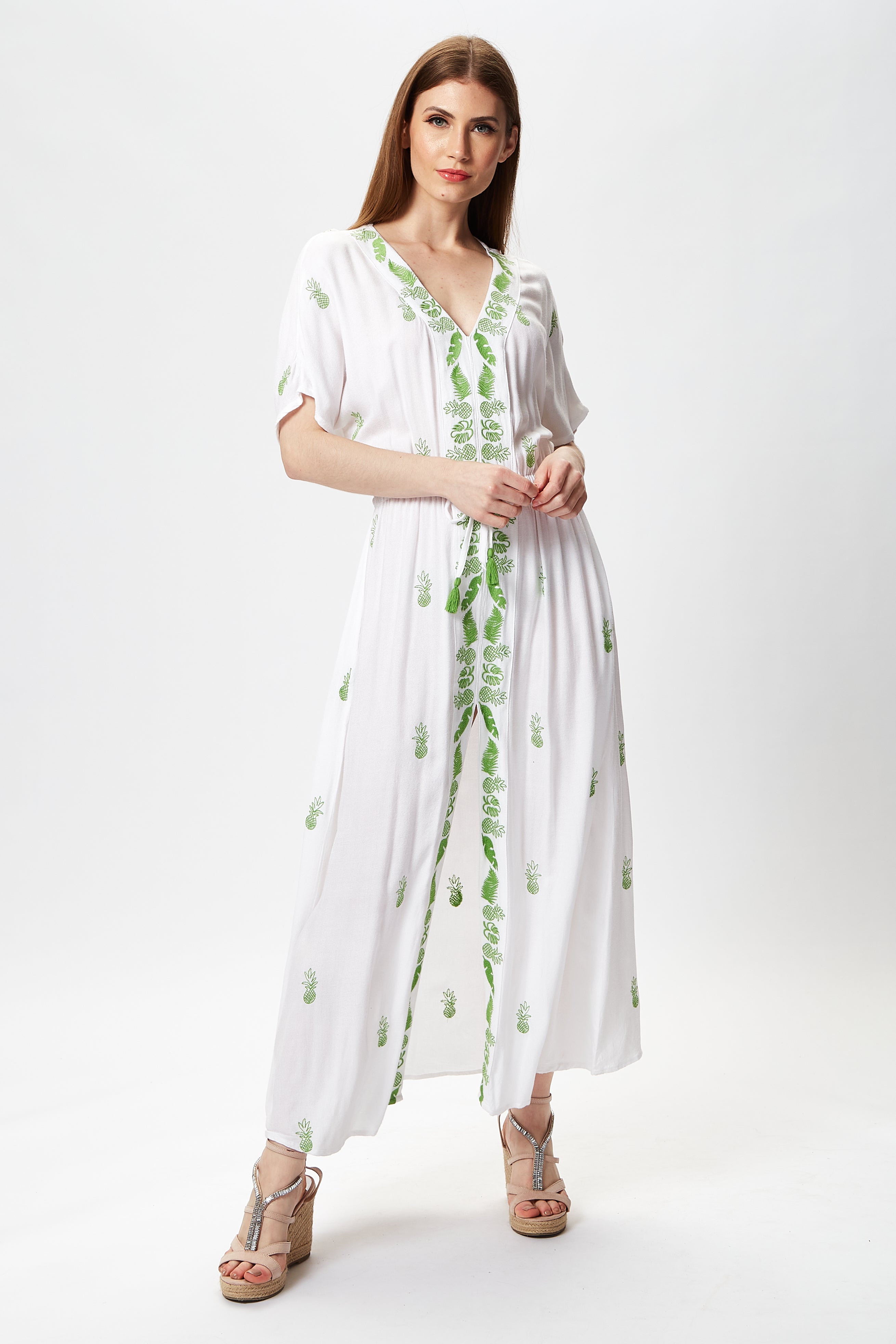 Women's Maxi Dress in White with Short Sleeves and Front Slit, Featuring Green Pineapple Embroidery - Liquorish