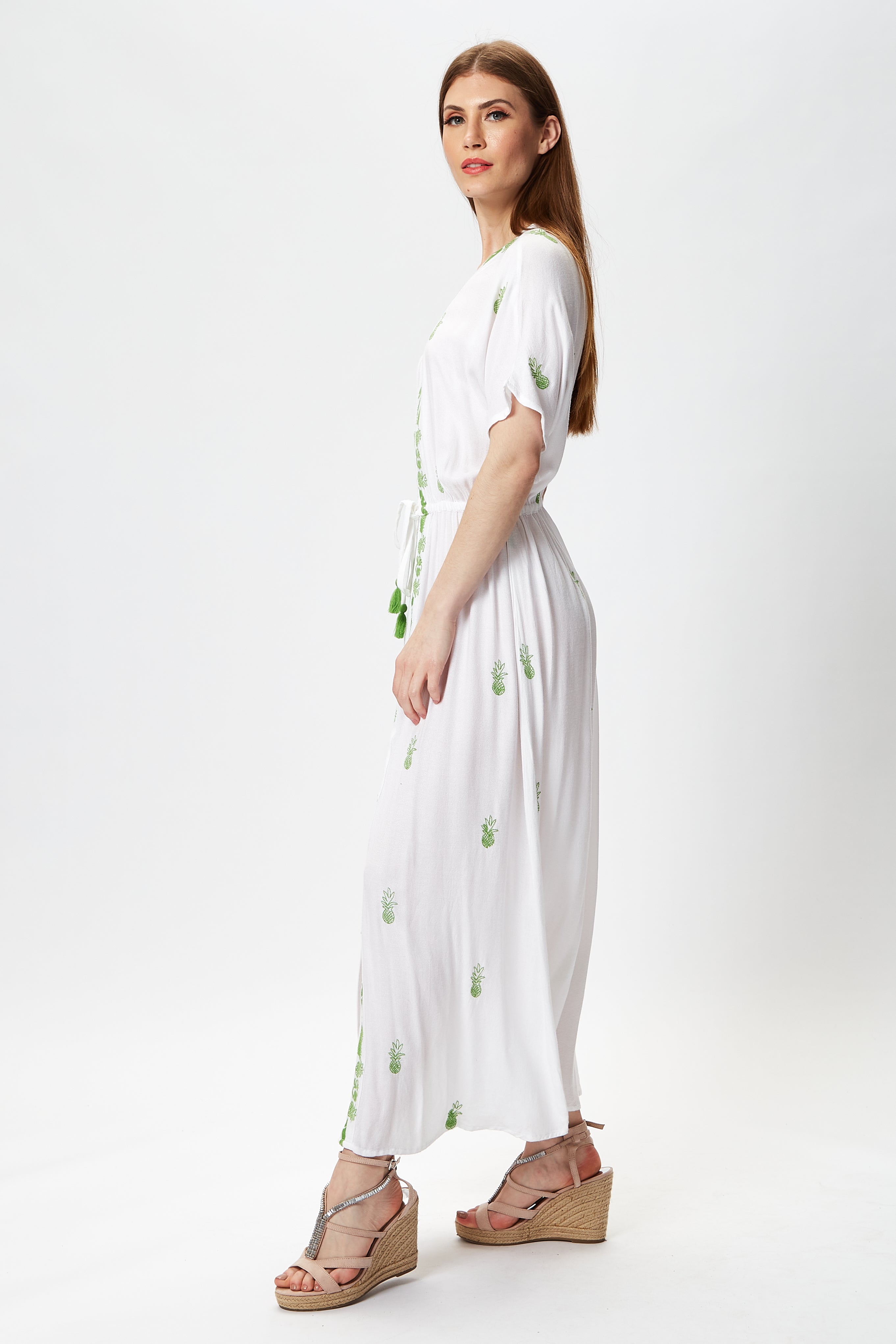 Women's Maxi Dress in White with Short Sleeves and Front Slit, Featuring Green Pineapple Embroidery - Liquorish
