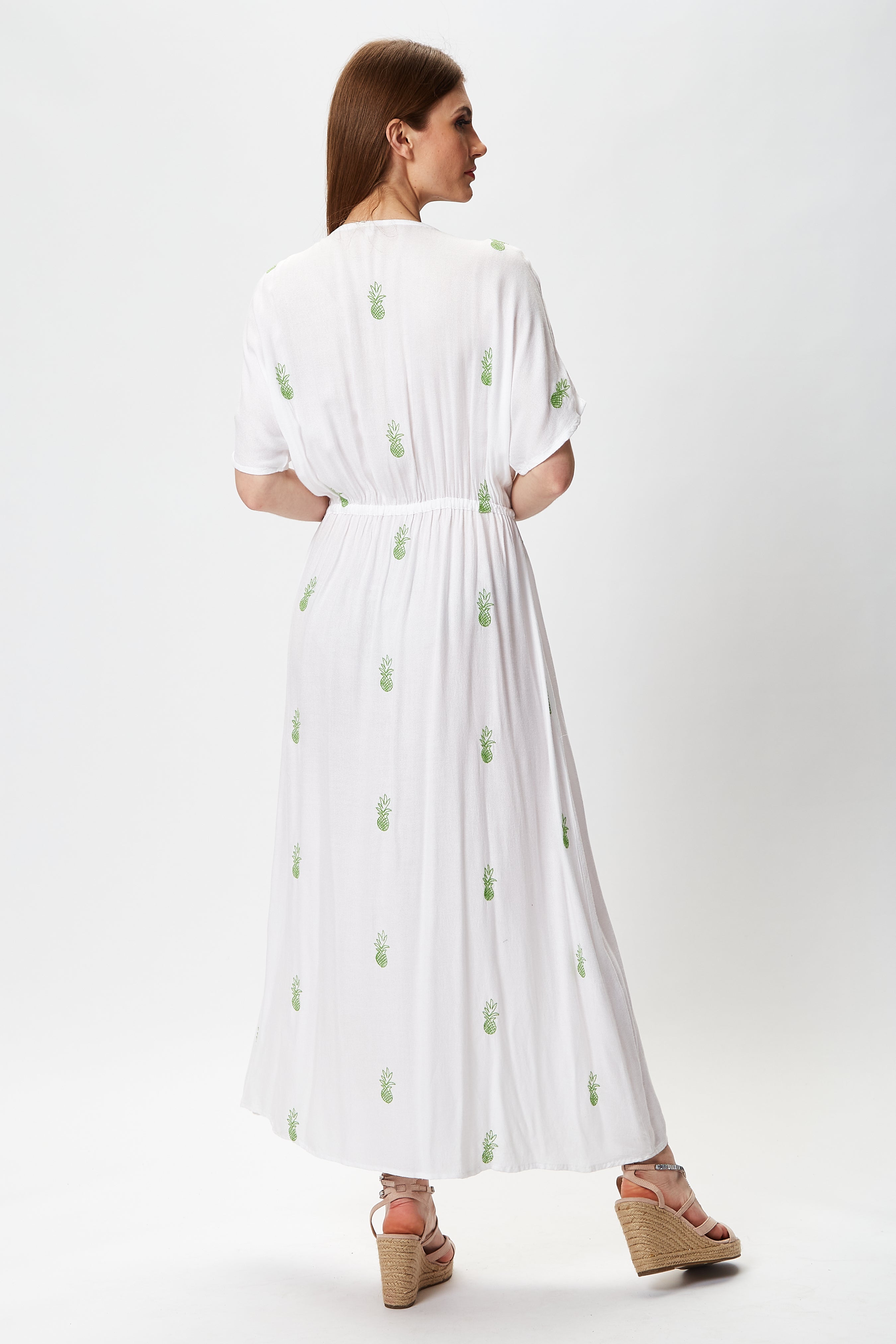 Women's Maxi Dress in White with Short Sleeves and Front Slit, Featuring Green Pineapple Embroidery - Liquorish
