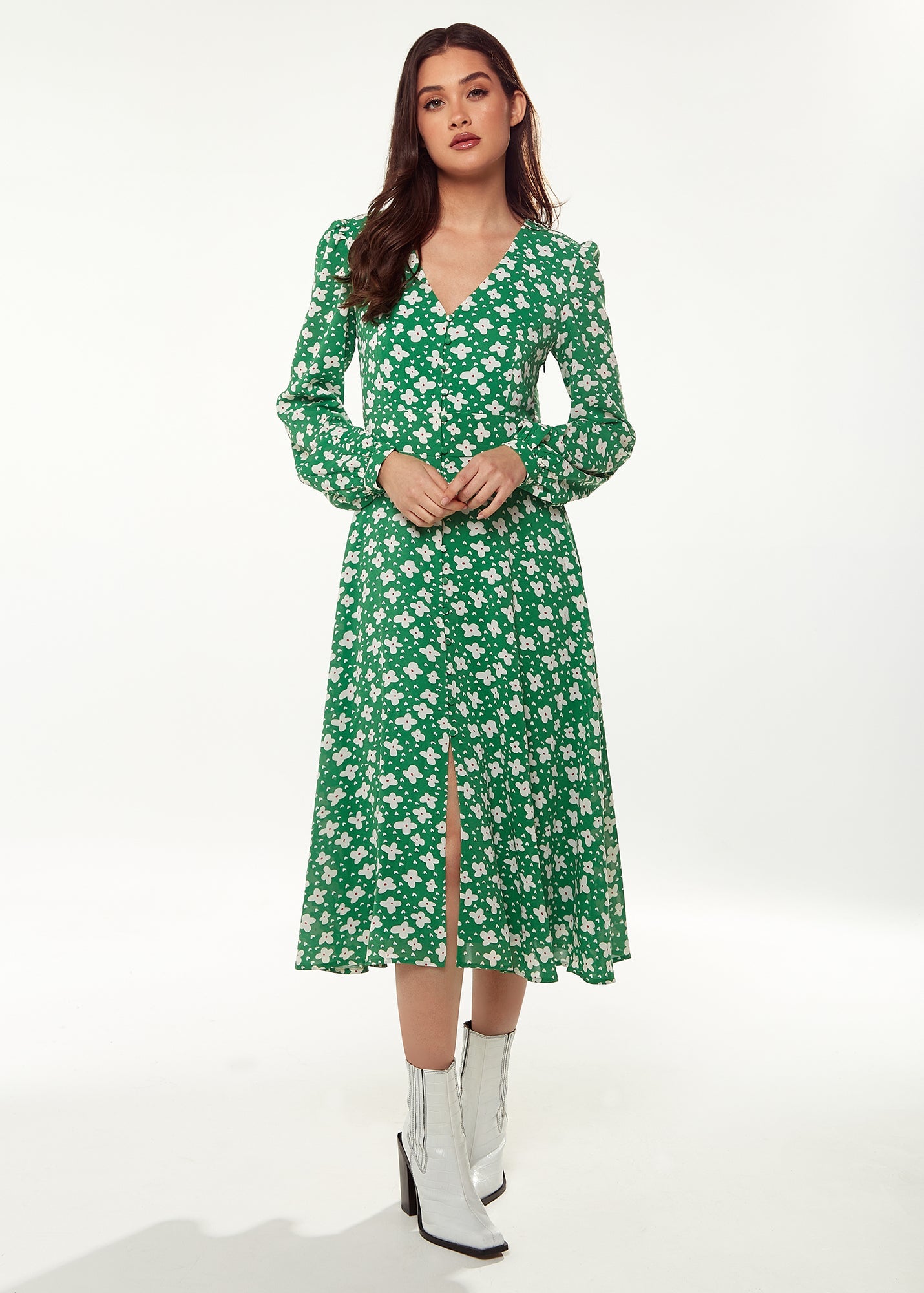 Women's Midi Dress with Long Sleeves in Green - Floral & Heart Print by Liquorish