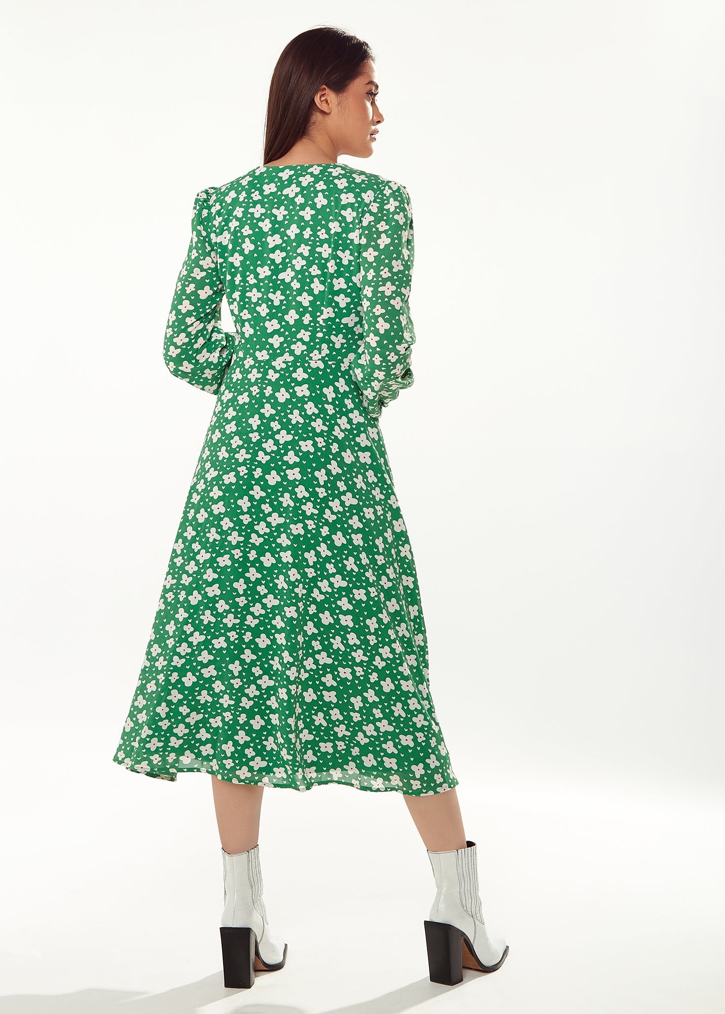 Women's Midi Dress with Long Sleeves in Green - Floral & Heart Print by Liquorish