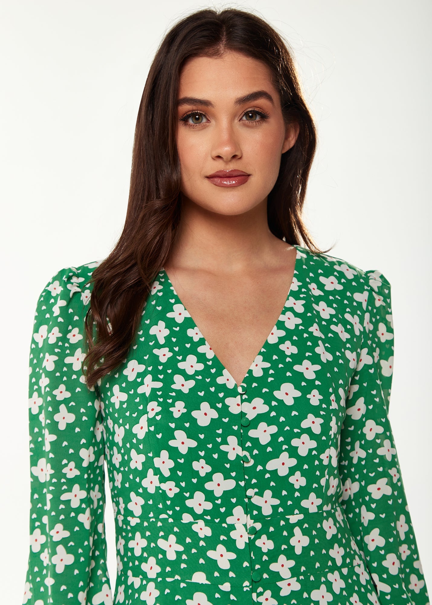 Women's Midi Dress with Long Sleeves in Green - Floral & Heart Print by Liquorish
