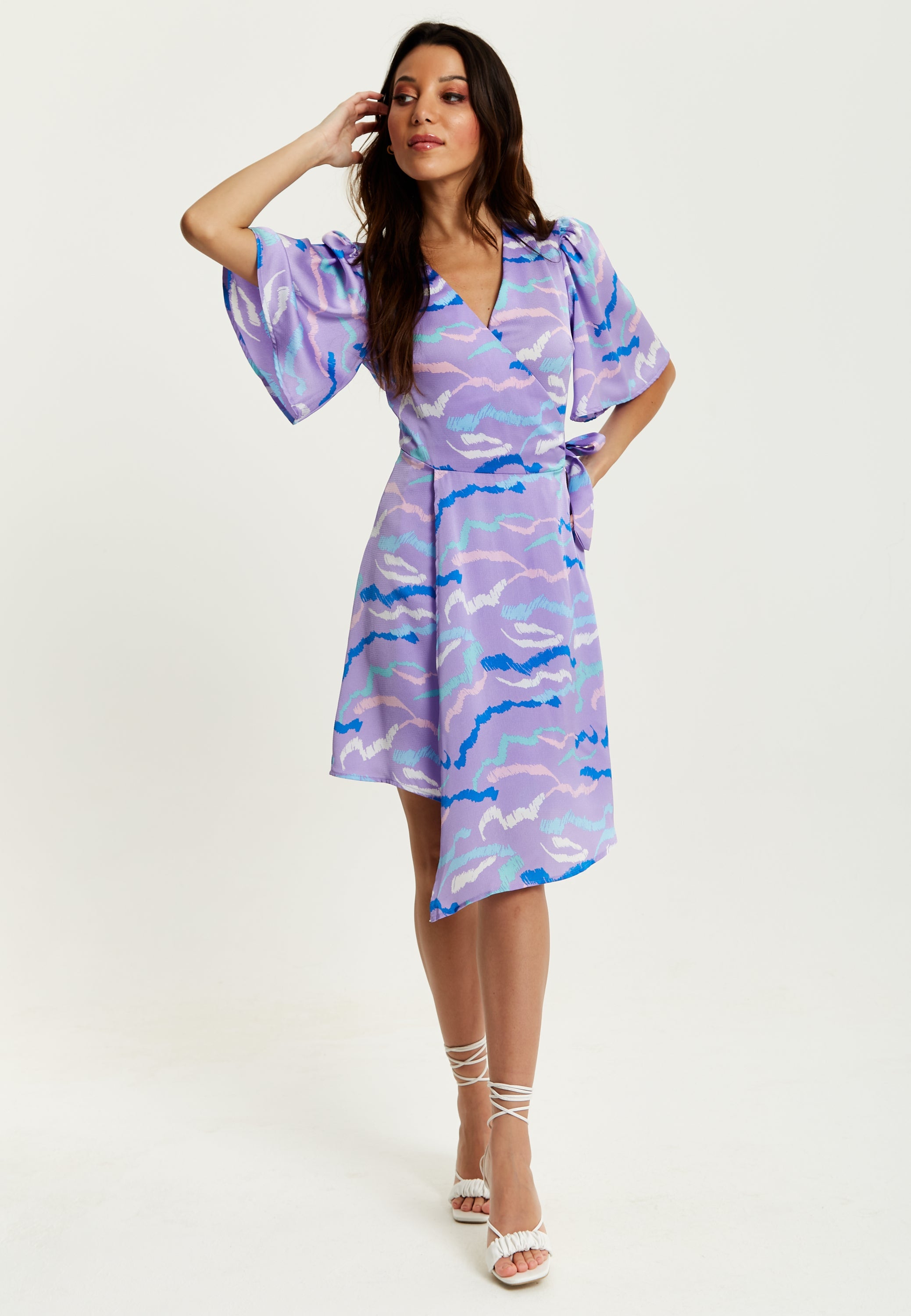 Women's Mini Dress in Lilac with Kimono Sleeves and Wrap Style Design by Liquorish
