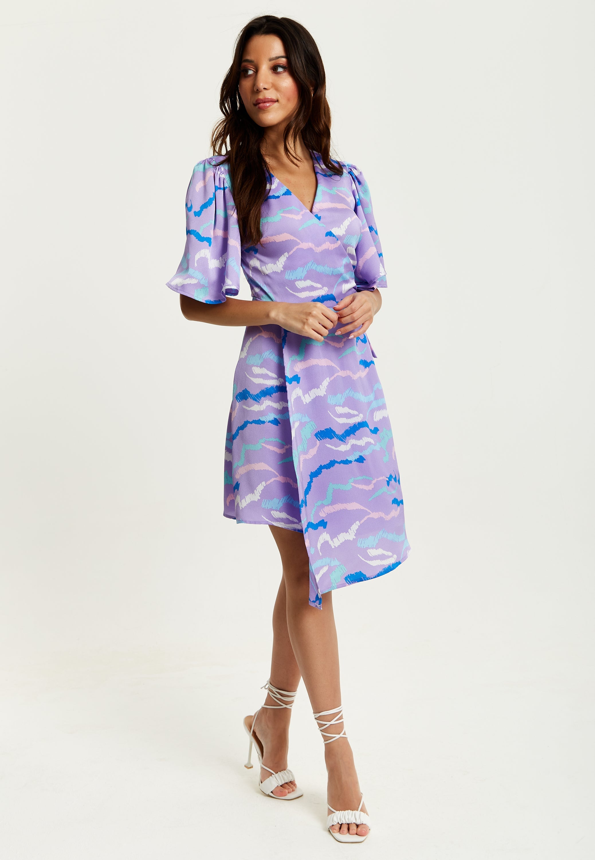 Women's Mini Dress in Lilac with Kimono Sleeves and Wrap Style Design by Liquorish