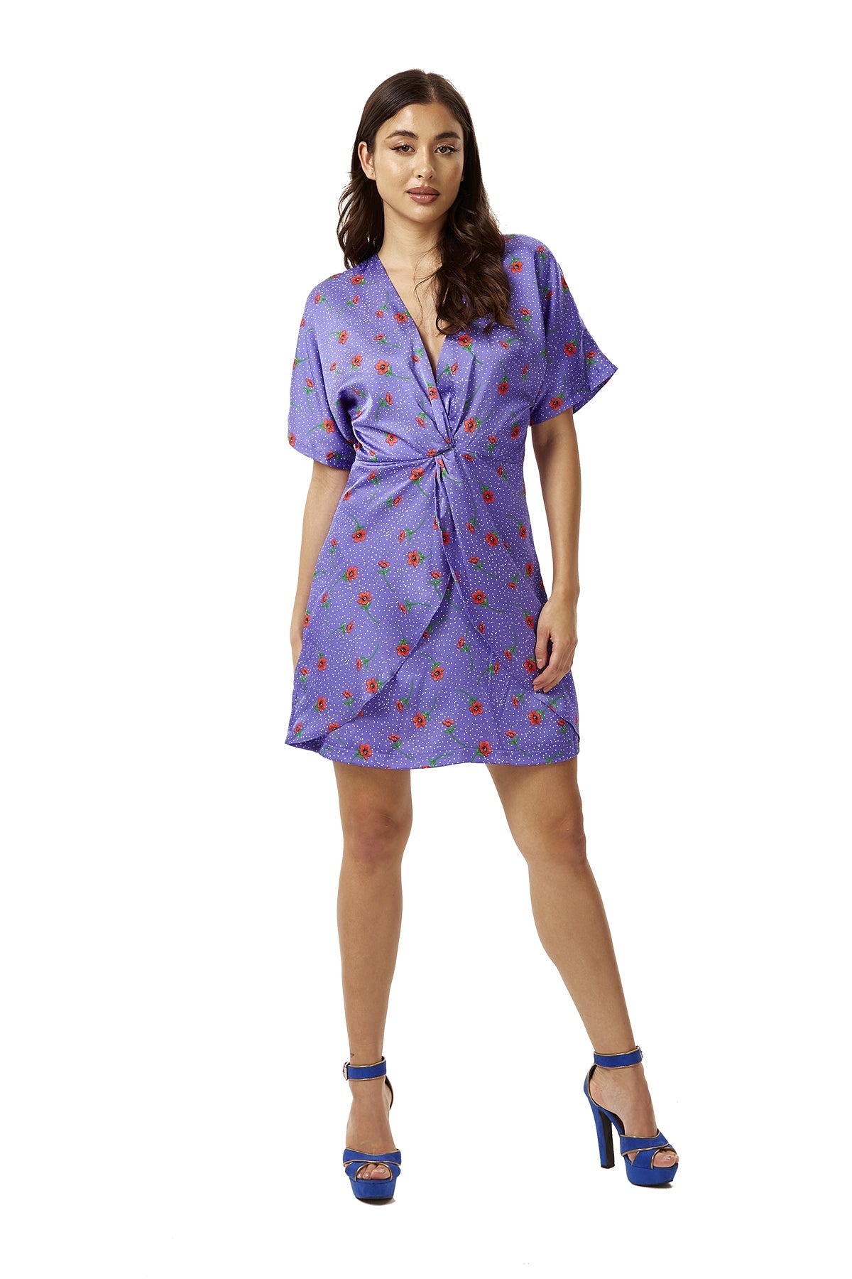 Women's Mini Dress with Knot Front, Floral Print, Short Sleeves, Perfect Fit in Purple - Liquorish
