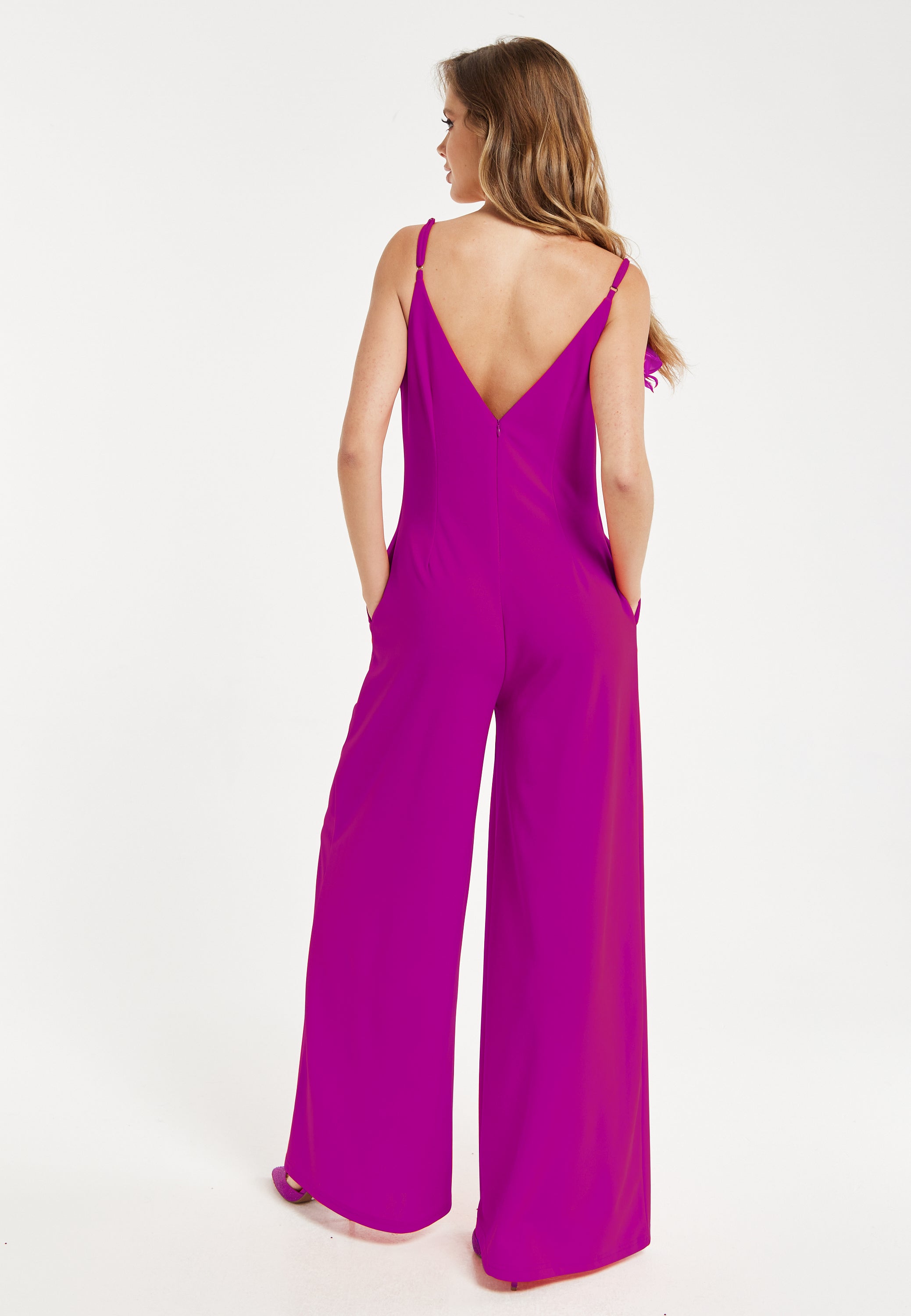 Women's Fuchsia Wide-Leg Jumpsuit with Floral Applique & Deep V-Neck, Side Pockets - Liquorish