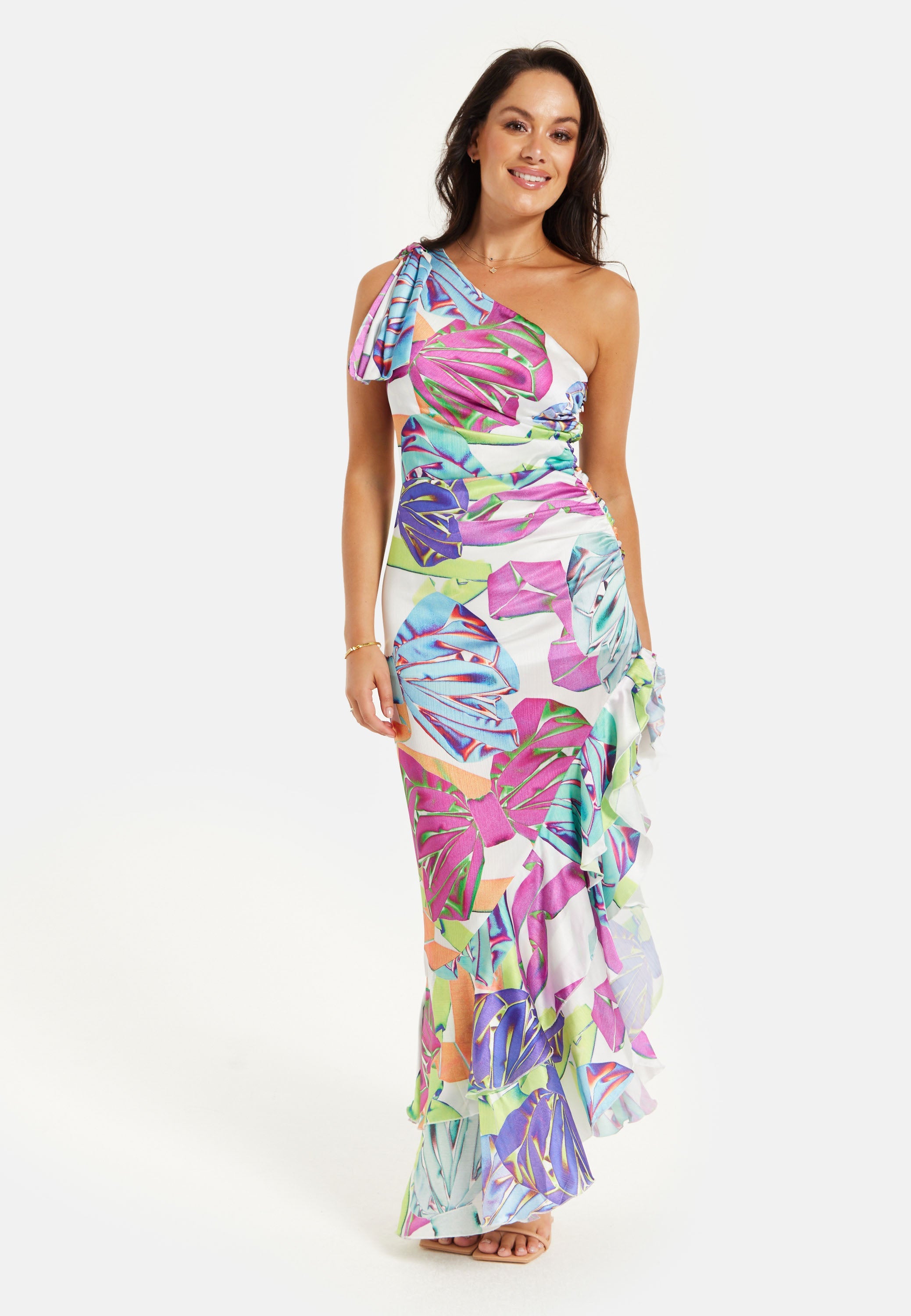 Women’s Midi Dress with One Shoulder Frill and Bow Print, Asymmetric Length, Slim Fit Design