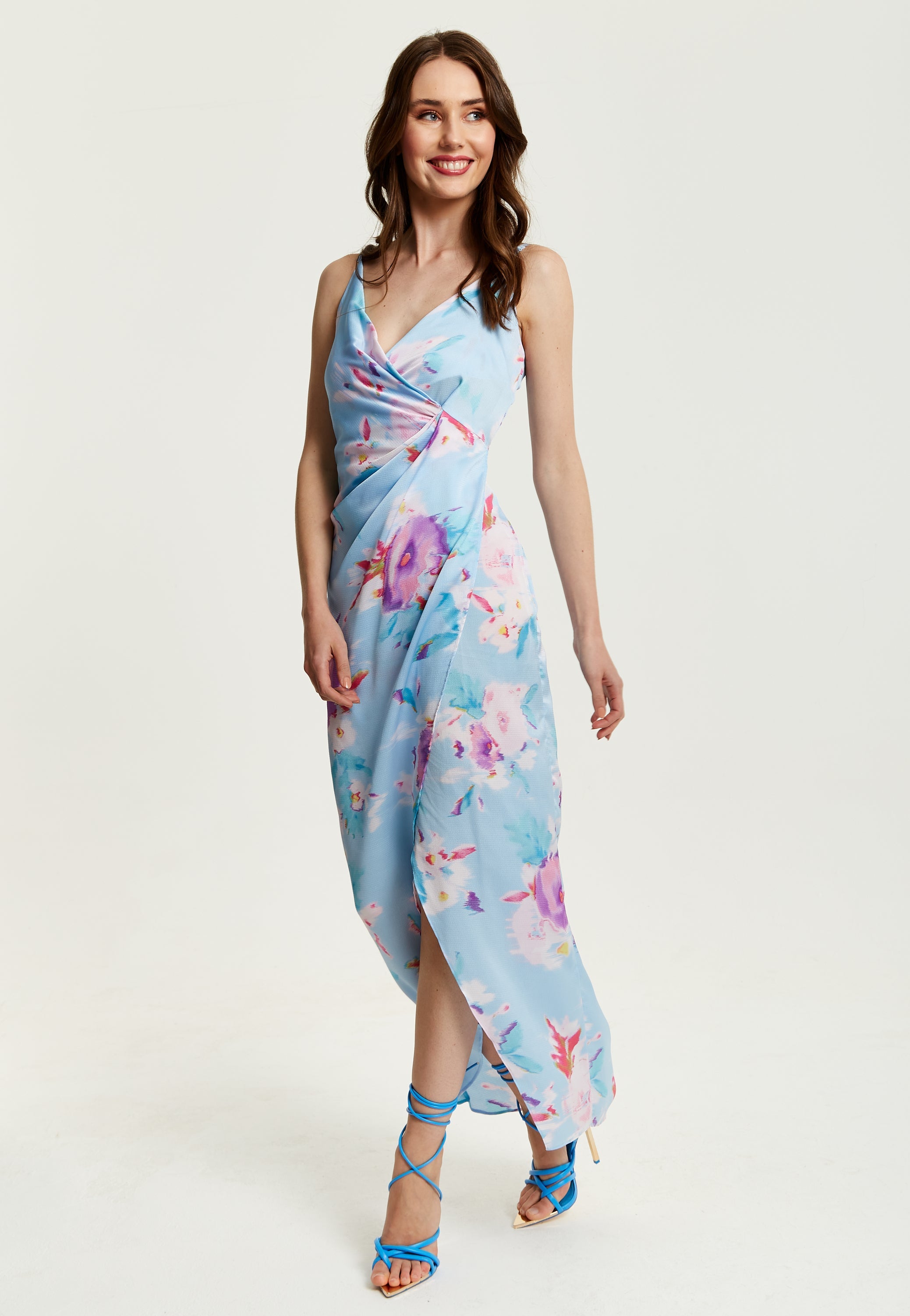 Women's Maxi Dress with Side Tie, Floral Print, Maxi Length, Sleeveless in Blue - Liquorish