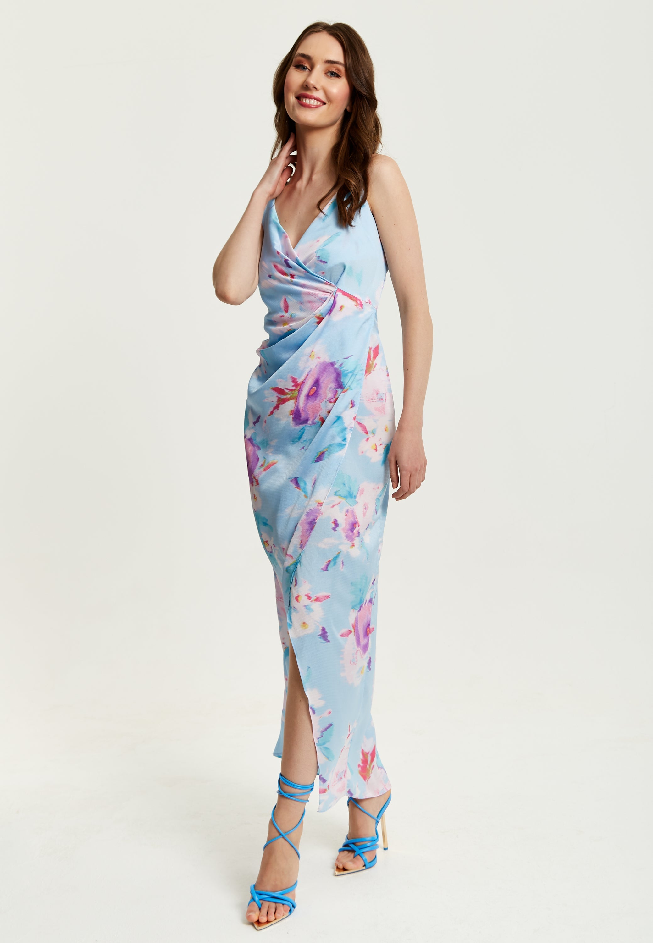 Women's Maxi Dress with Side Tie, Floral Print, Maxi Length, Sleeveless in Blue - Liquorish