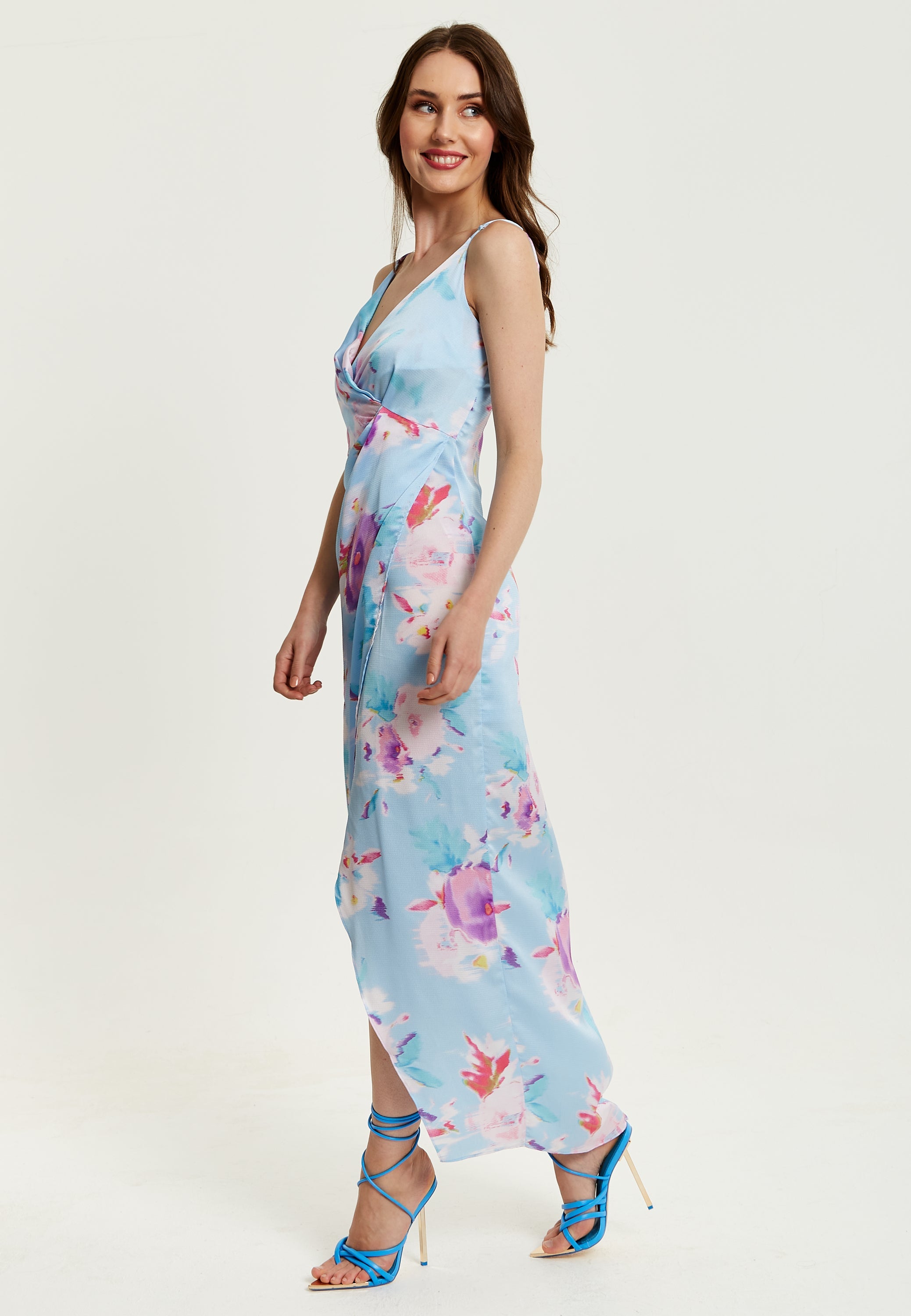 Women's Maxi Dress with Side Tie, Floral Print, Maxi Length, Sleeveless in Blue - Liquorish