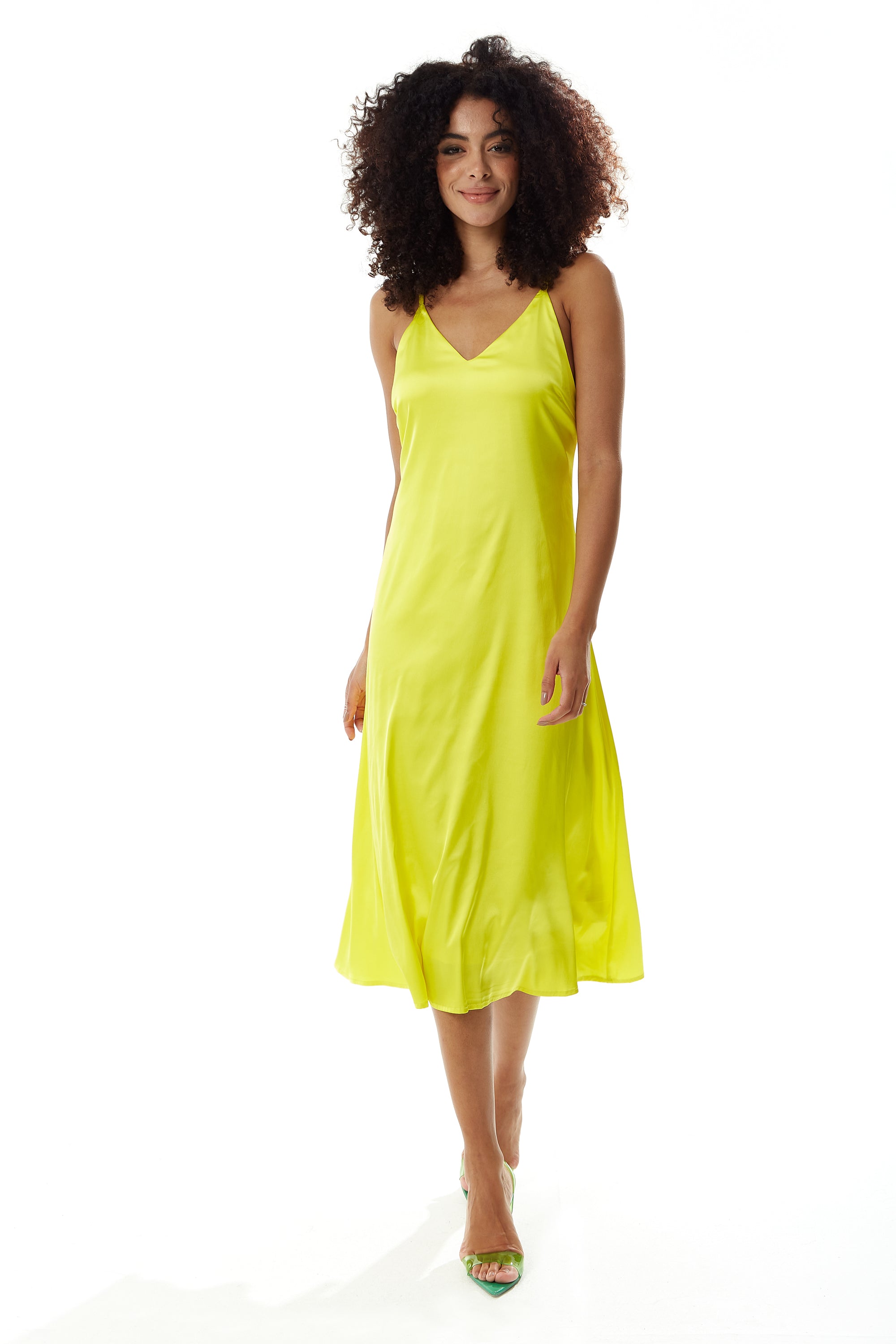 Women's Midi Dress in Yellow Satin with Spaghetti Straps and Deep V Neck - Liquorish
