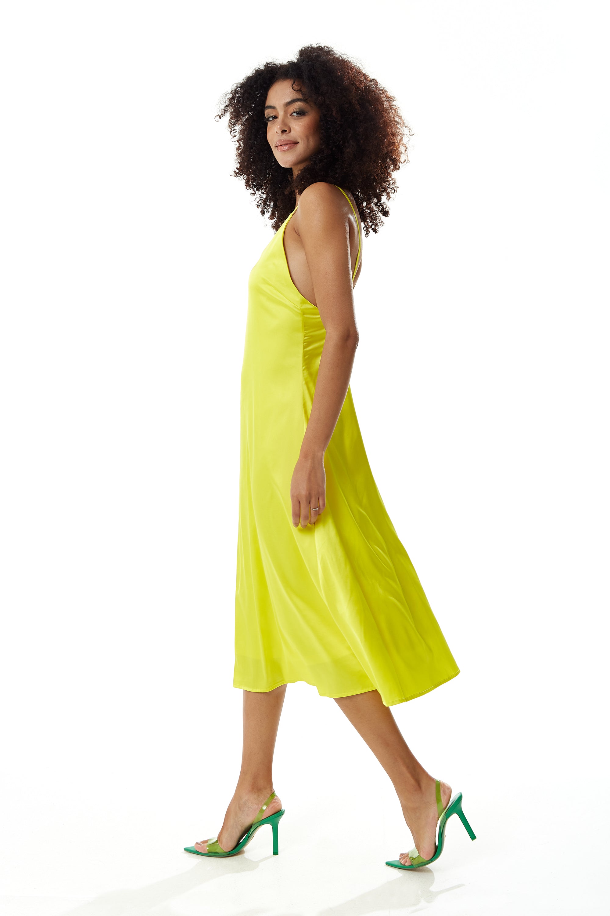 Women's Midi Dress in Yellow Satin with Spaghetti Straps and Deep V Neck - Liquorish
