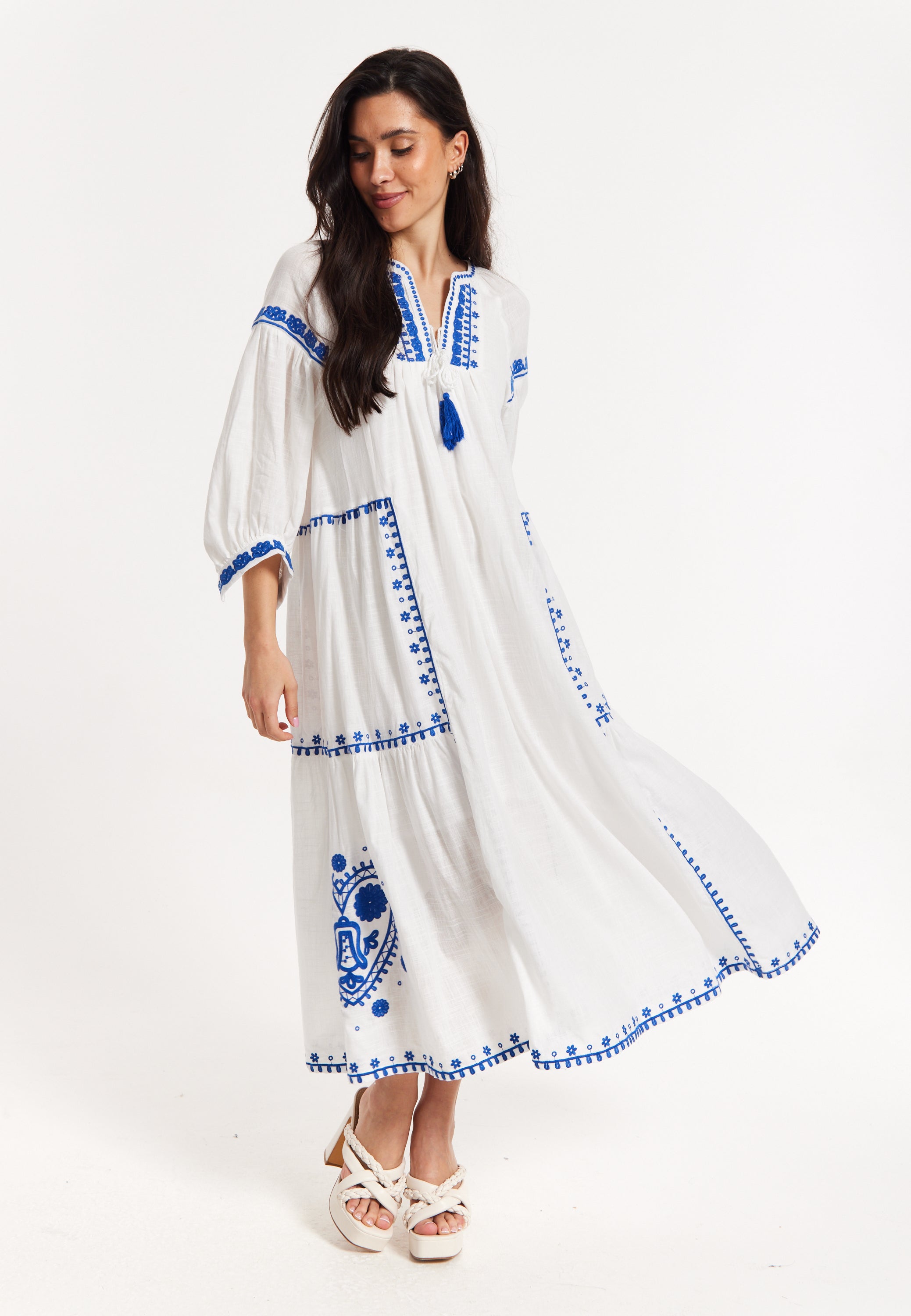 Blue Embroidered White Maxi Dress