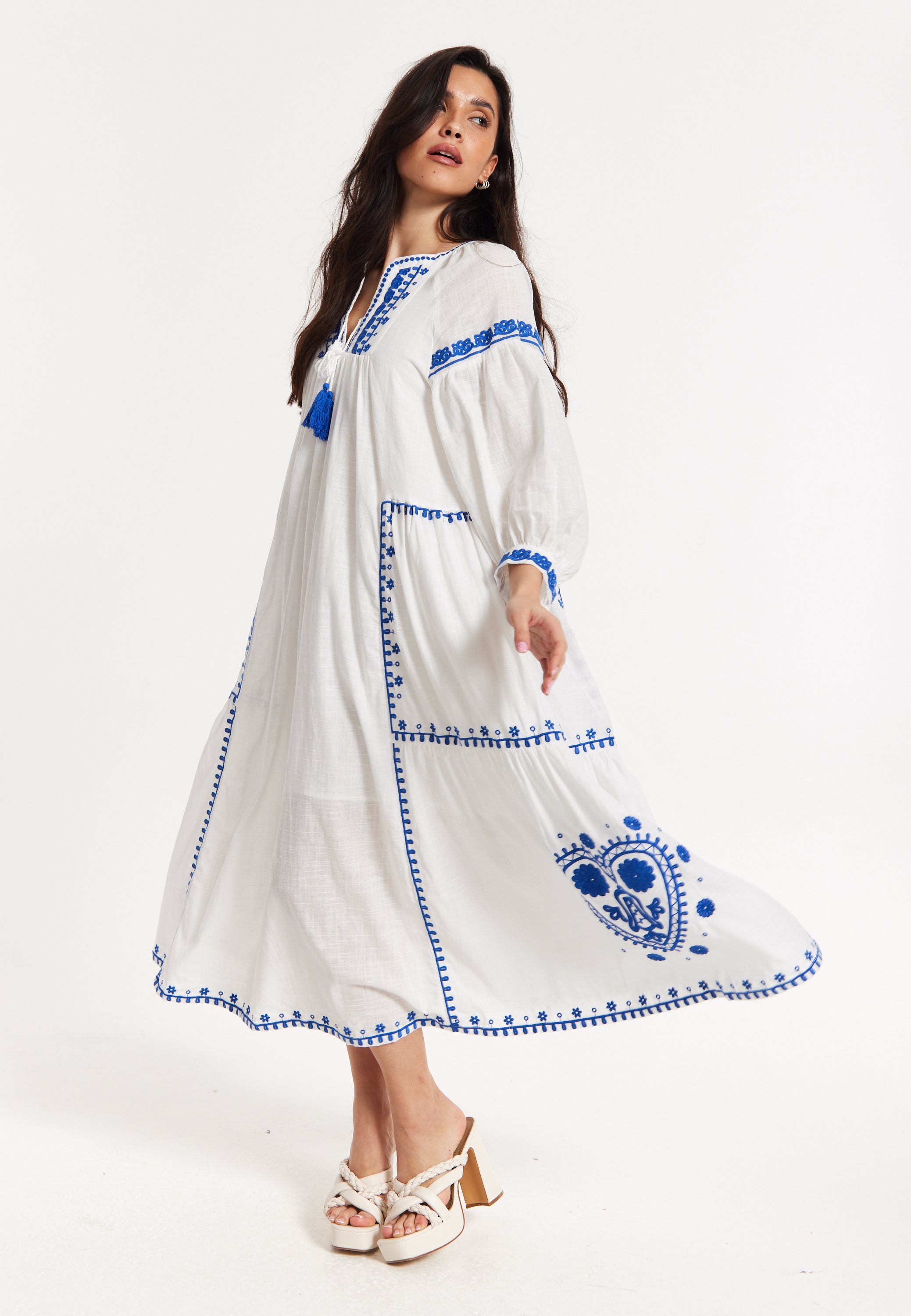 Blue Embroidered White Maxi Dress
