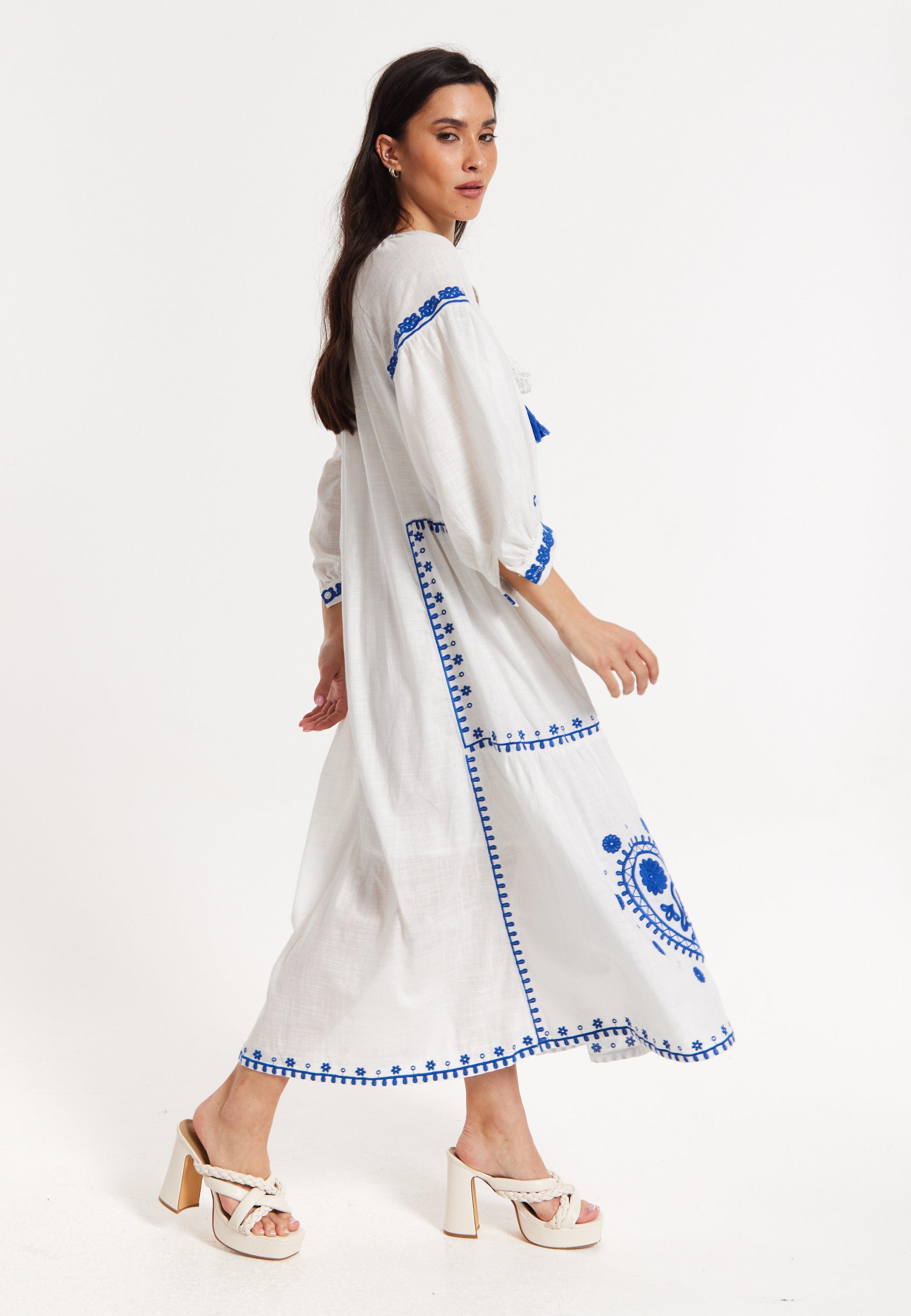 Blue Embroidered White Maxi Dress