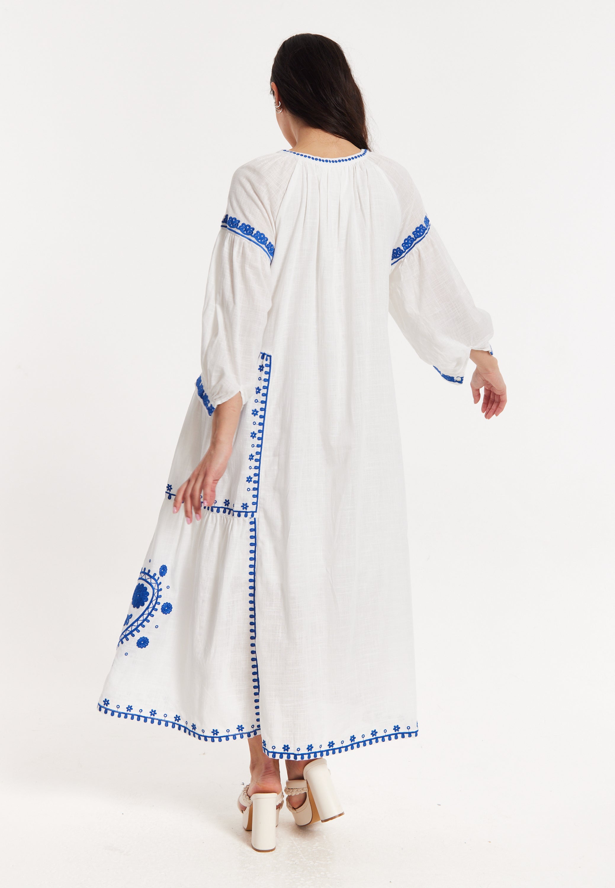 Blue Embroidered White Maxi Dress