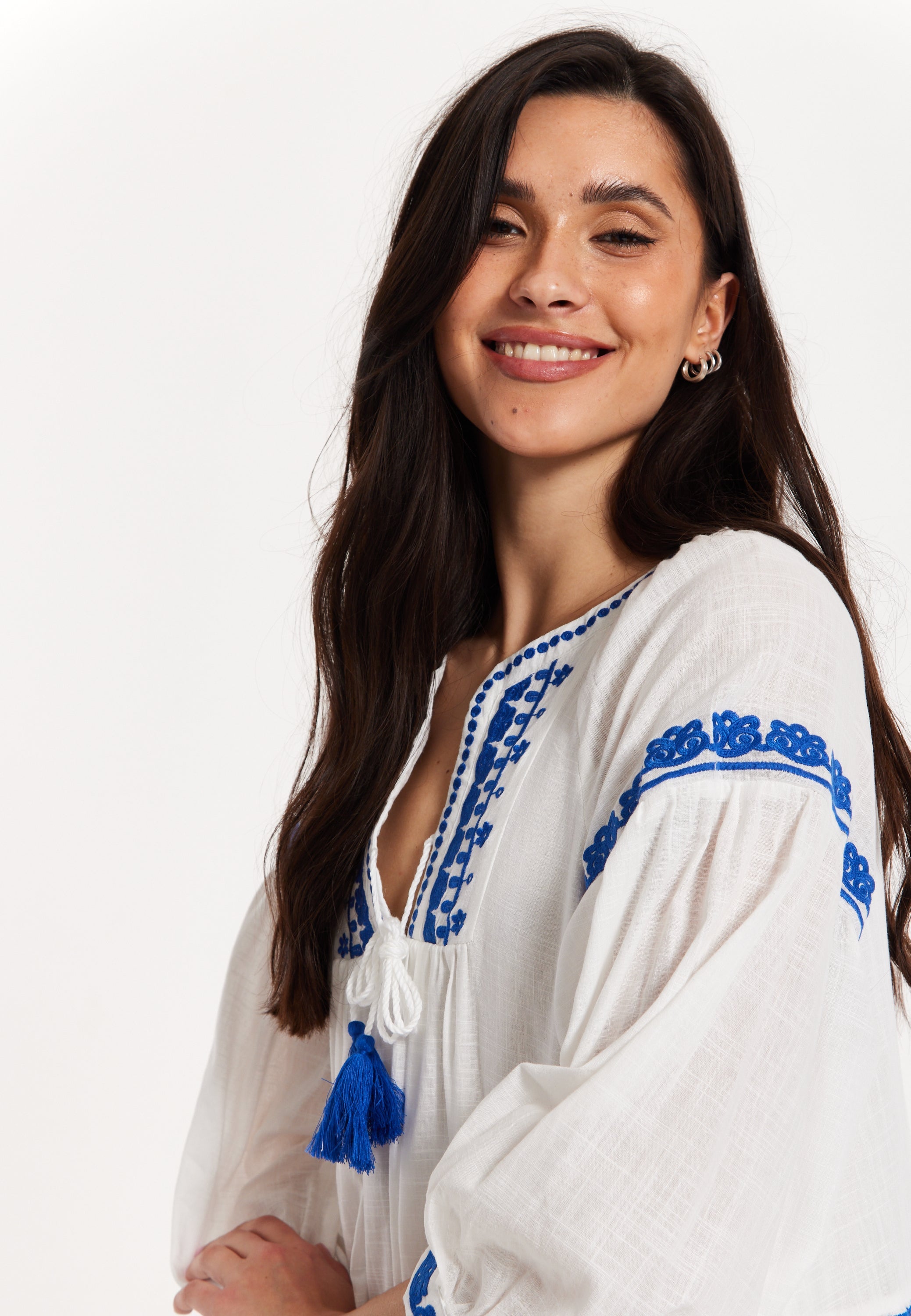Blue Embroidered White Maxi Dress