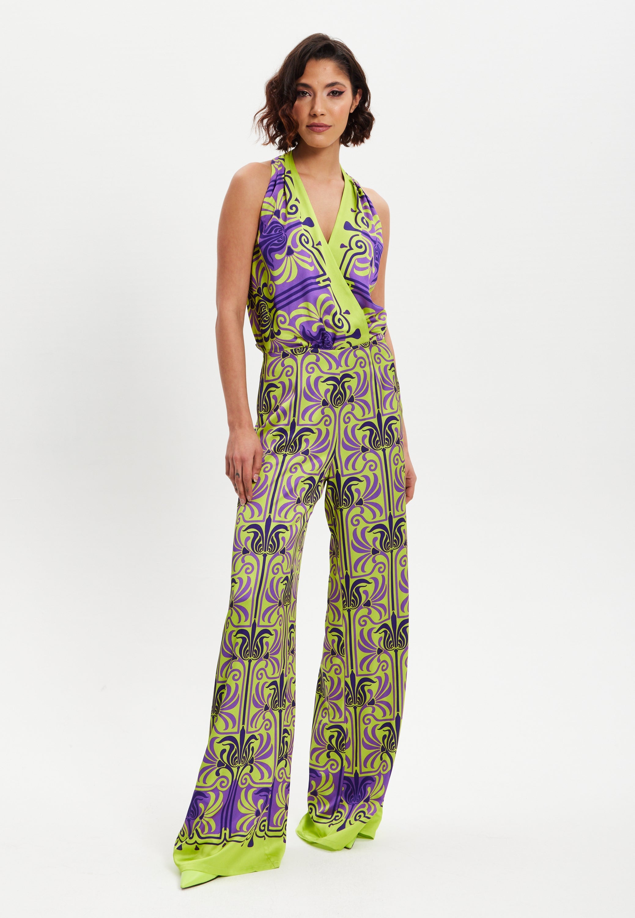 Women's Jumpsuit with V Neck, Wide Palazzo Legs, Elasticated Waist, Regular Fit, Printed Design - Liquorish