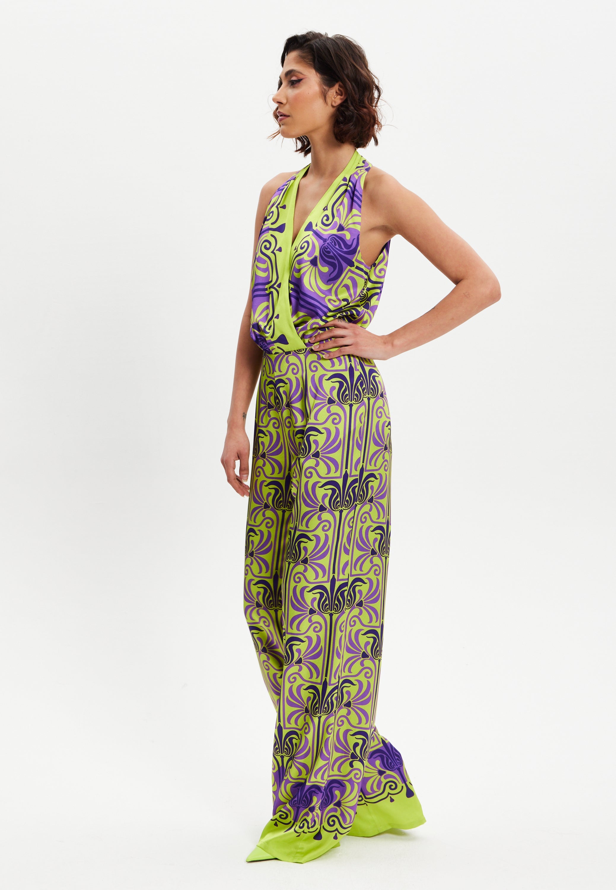 Women's Jumpsuit with V Neck, Wide Palazzo Legs, Elasticated Waist, Regular Fit, Printed Design - Liquorish