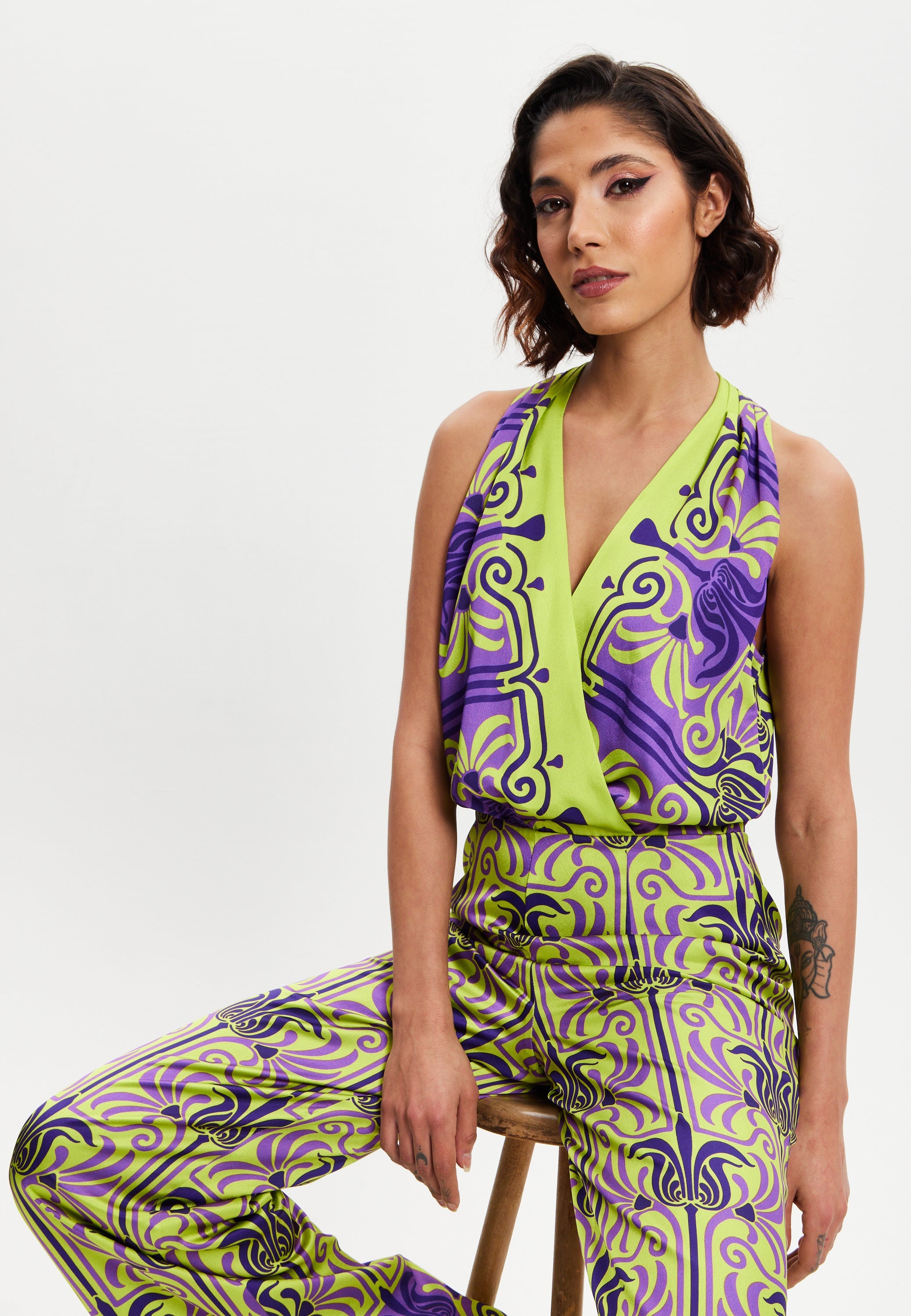 Women's Jumpsuit with V Neck, Wide Palazzo Legs, Elasticated Waist, Regular Fit, Printed Design - Liquorish