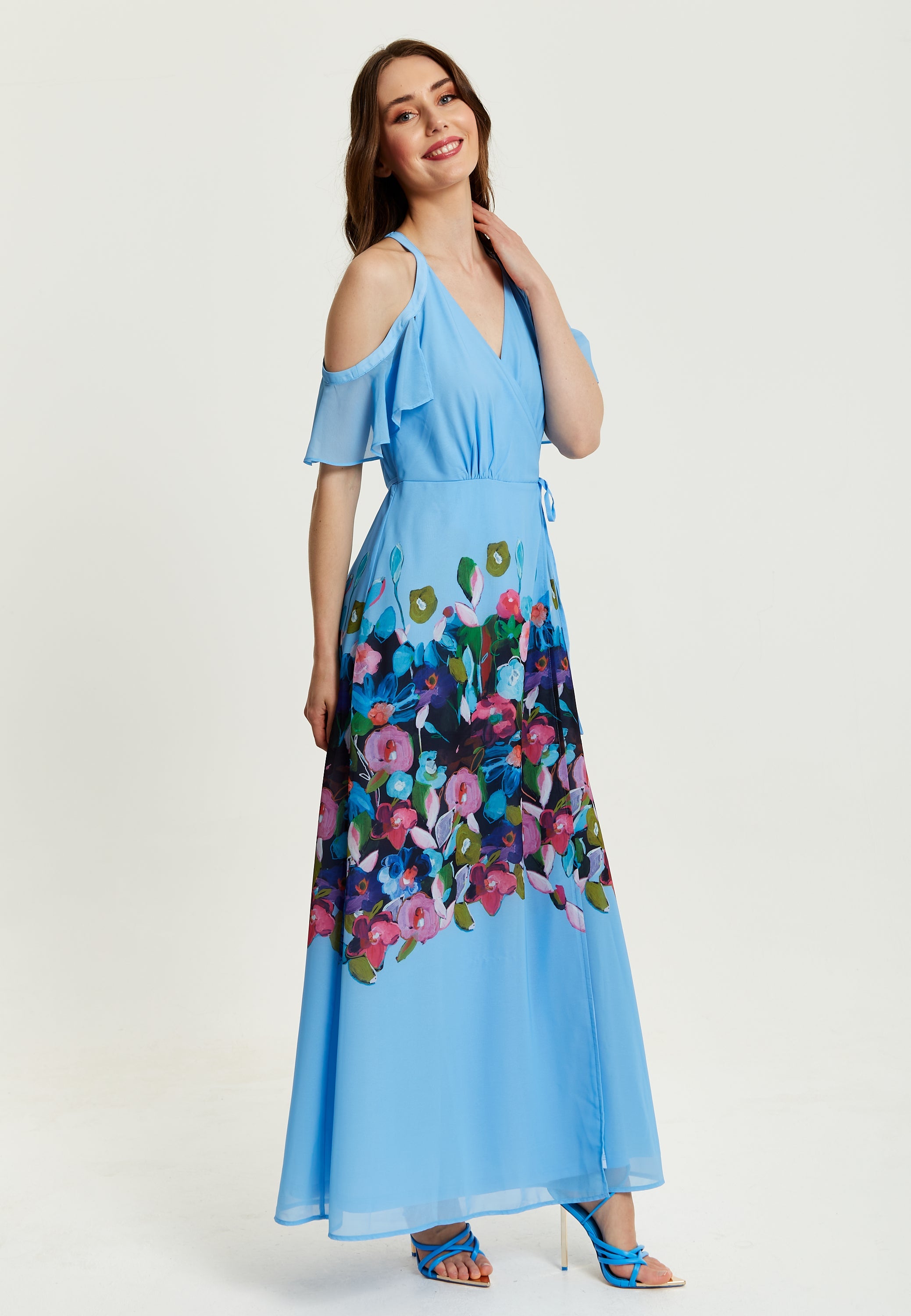 Women's Maxi Dress with Frill Details in Blue, Cold Shoulder and Sleeveless Design, Floral Print - Liquorish