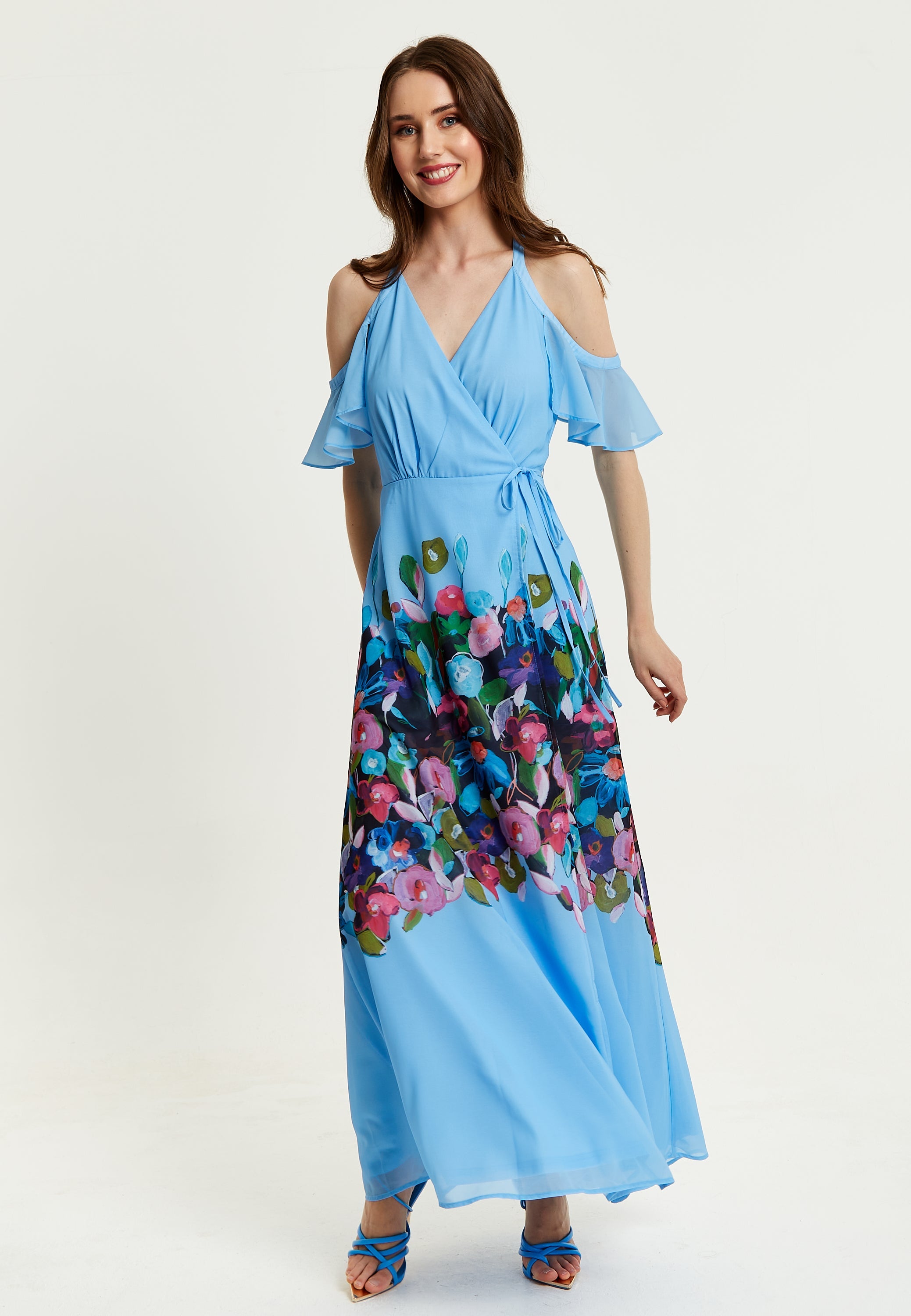 Women's Maxi Dress with Frill Details in Blue, Cold Shoulder and Sleeveless Design, Floral Print - Liquorish
