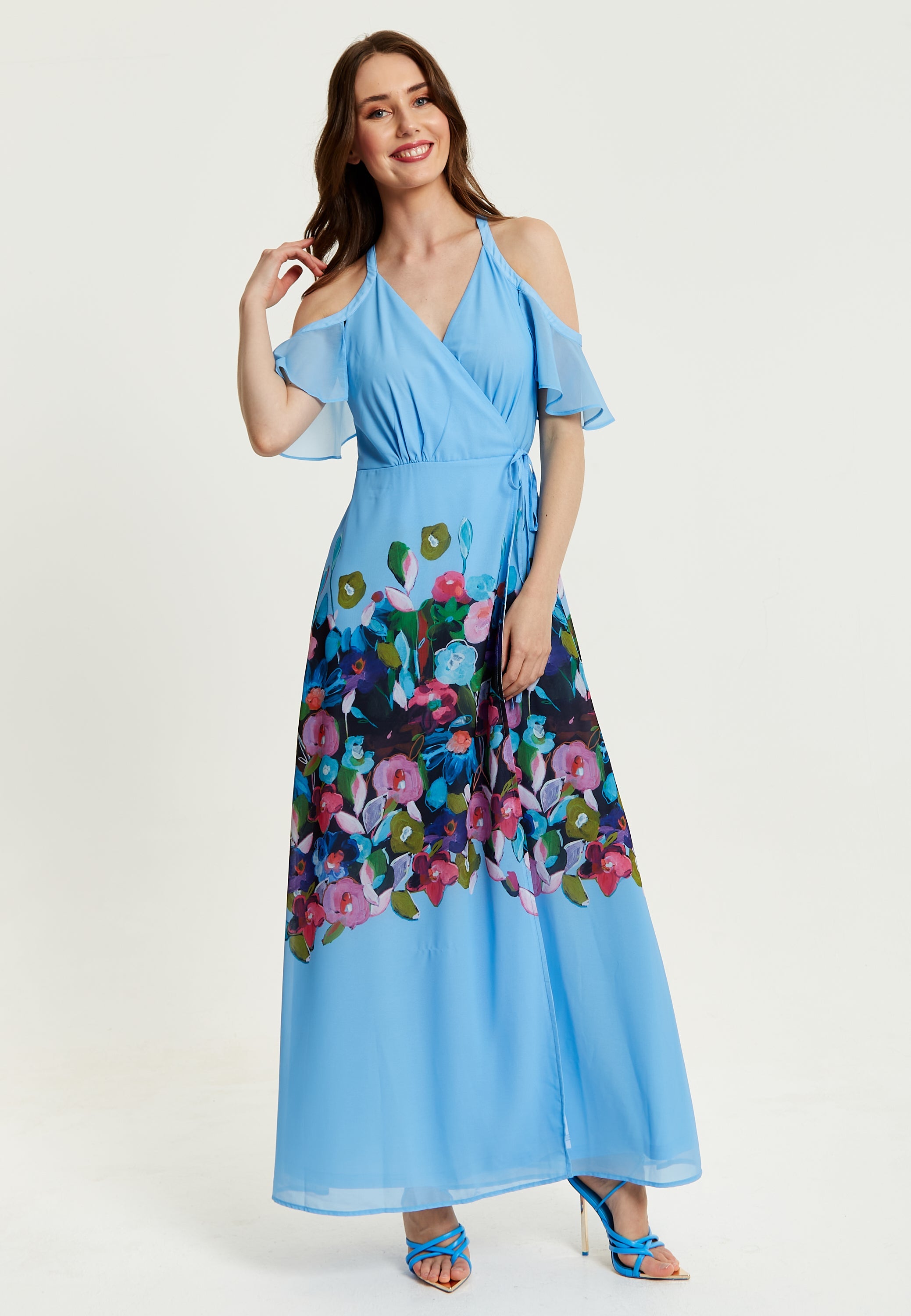Women's Maxi Dress with Frill Details in Blue, Cold Shoulder and Sleeveless Design, Floral Print - Liquorish