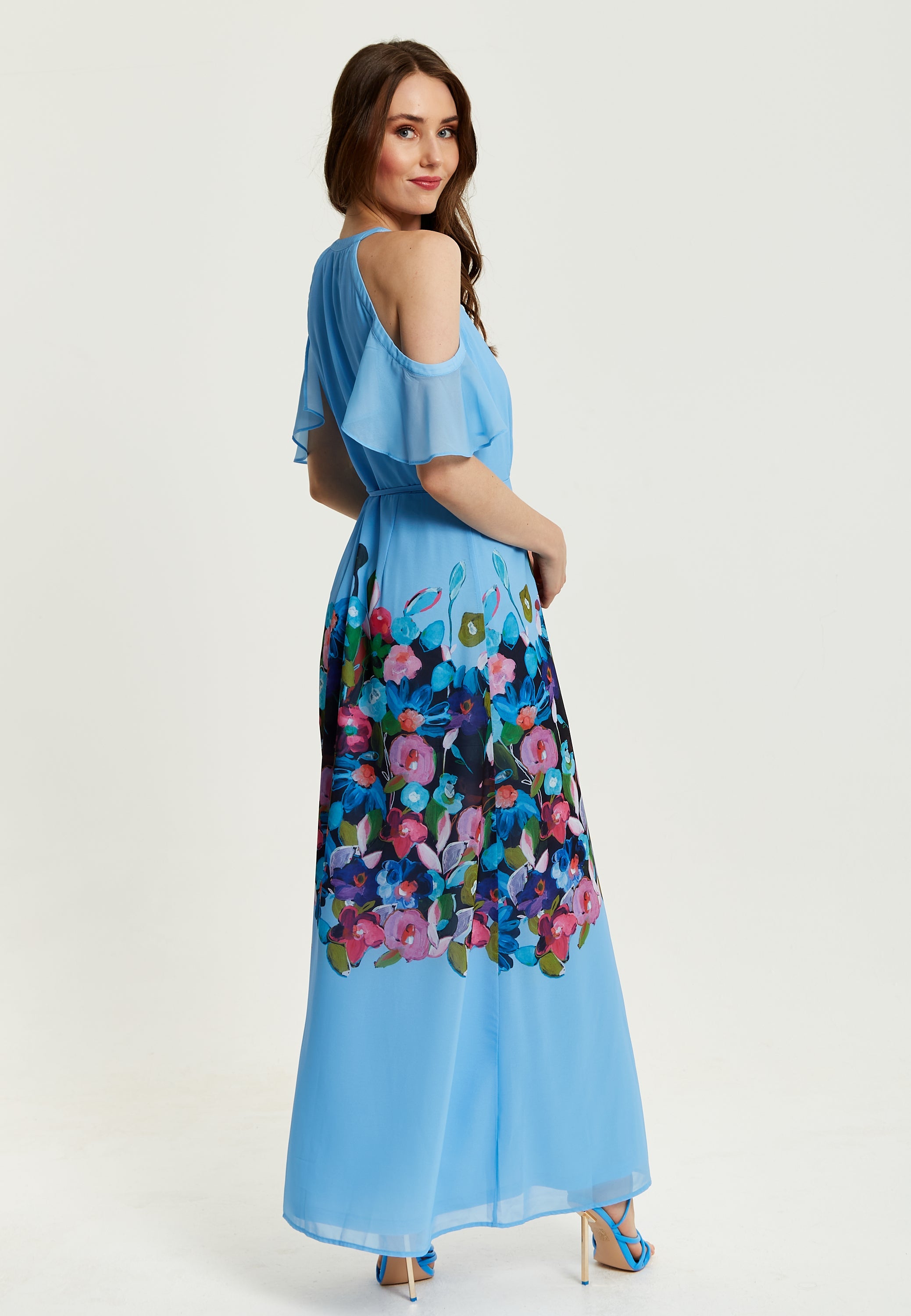 Women's Maxi Dress with Frill Details in Blue, Cold Shoulder and Sleeveless Design, Floral Print - Liquorish
