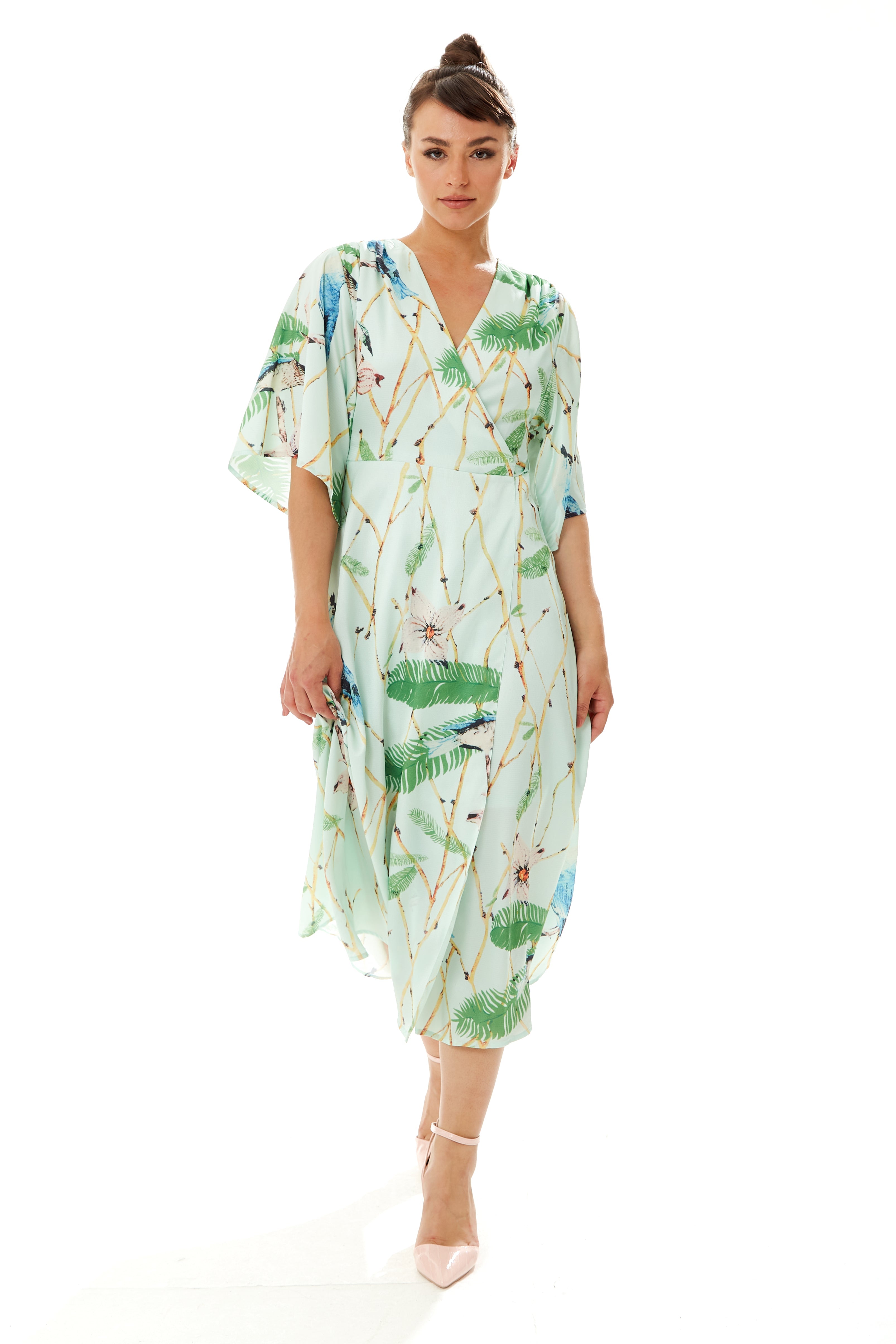 Women's Maxi Dress with Kimono Sleeves in Mint Green - Flattering Wrap Style and Charming Bird Print by Liquorish