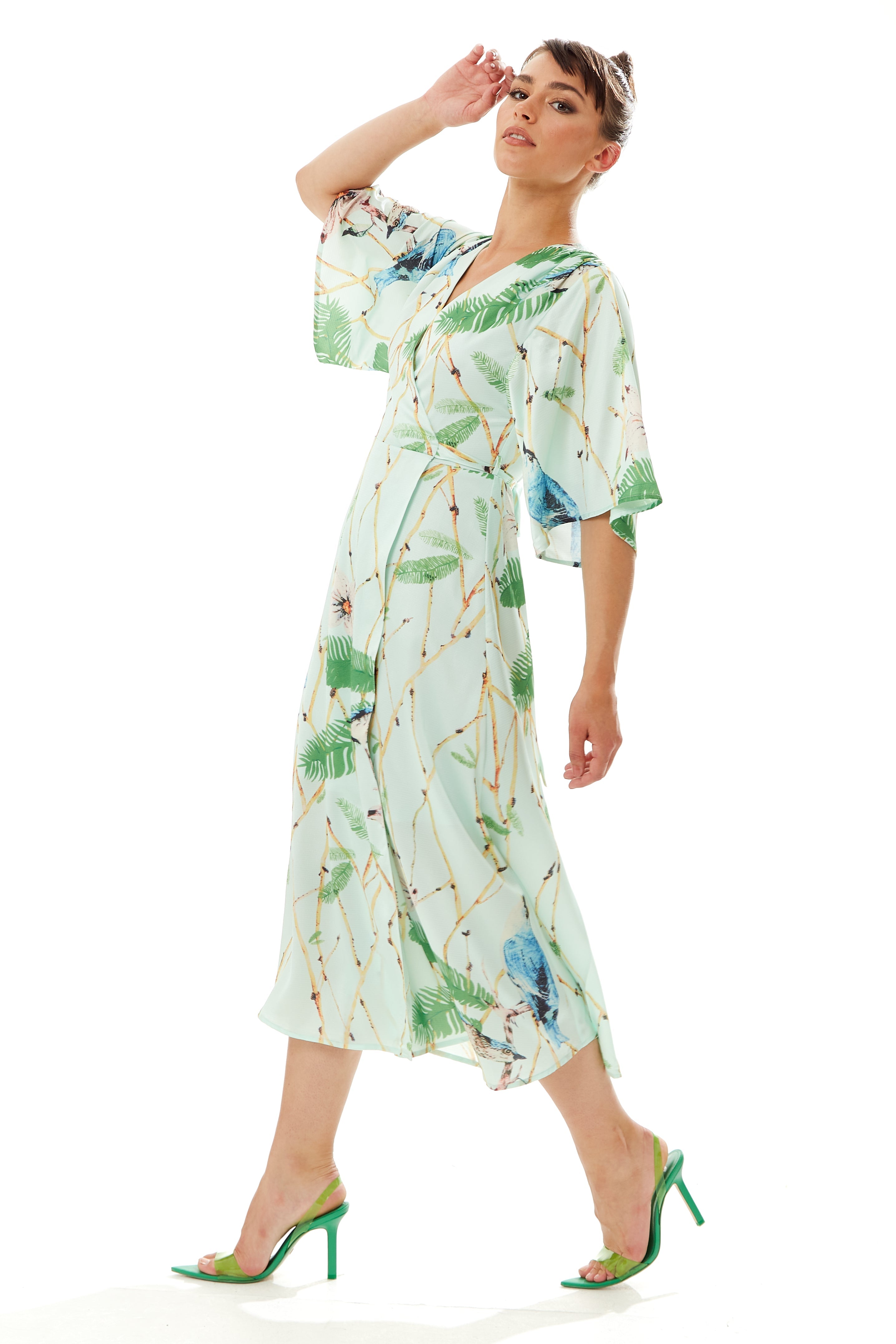 Women's Maxi Dress with Kimono Sleeves in Mint Green - Flattering Wrap Style and Charming Bird Print by Liquorish