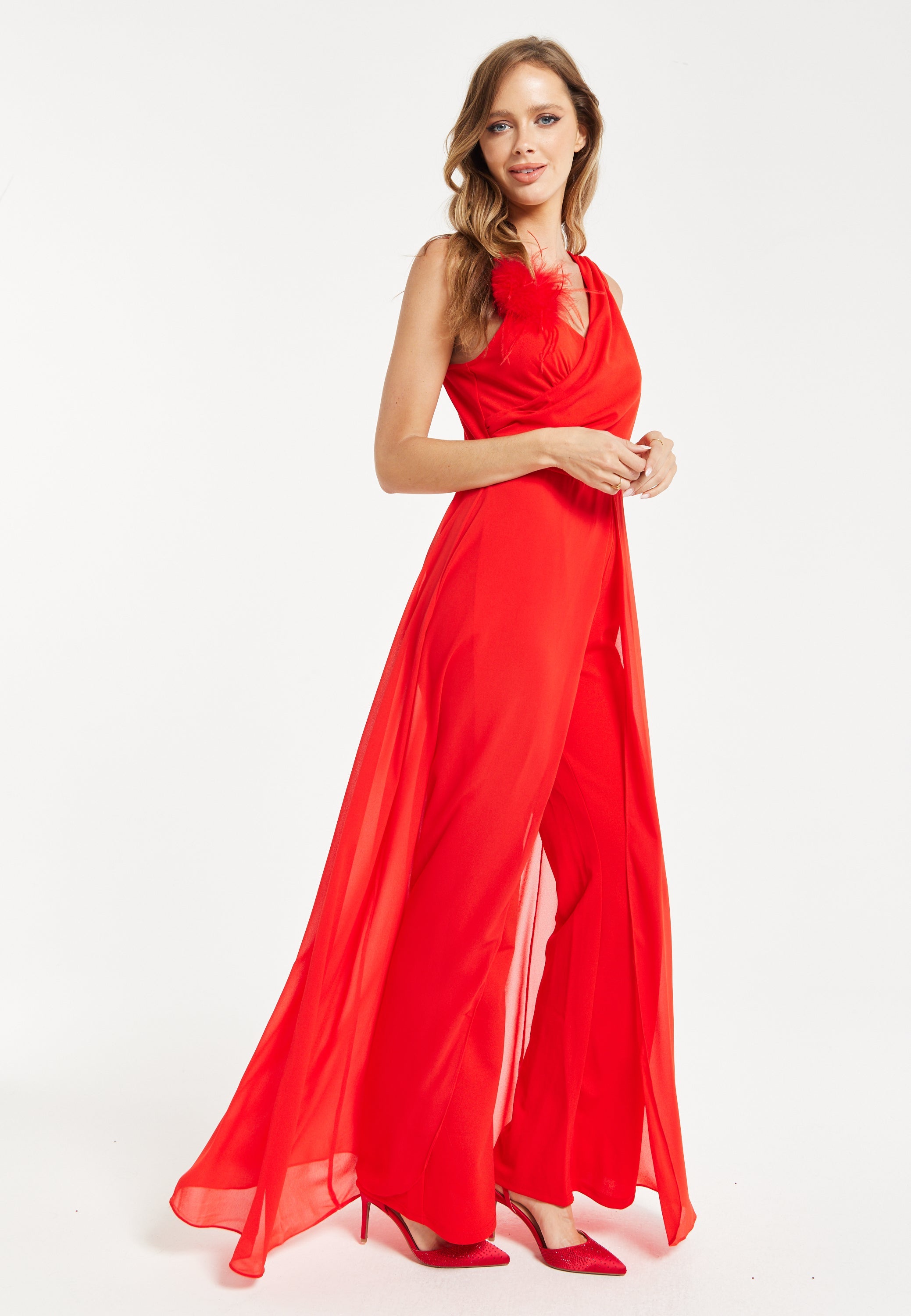 Women’s Red Sleeveless Jumpsuit with Sheer Overlay for Elegant Evening Wear - Liquorish