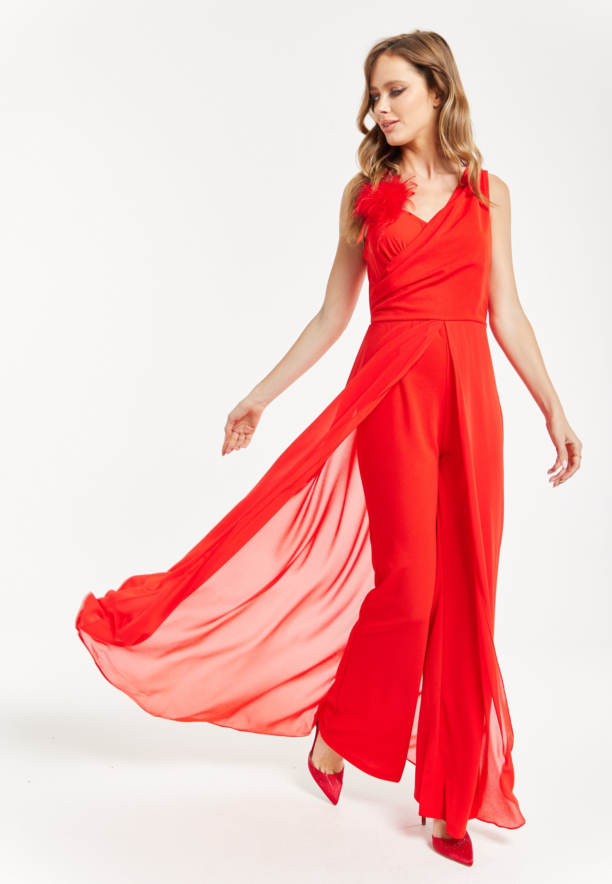 Women’s Red Sleeveless Jumpsuit with Sheer Overlay for Elegant Evening Wear - Liquorish