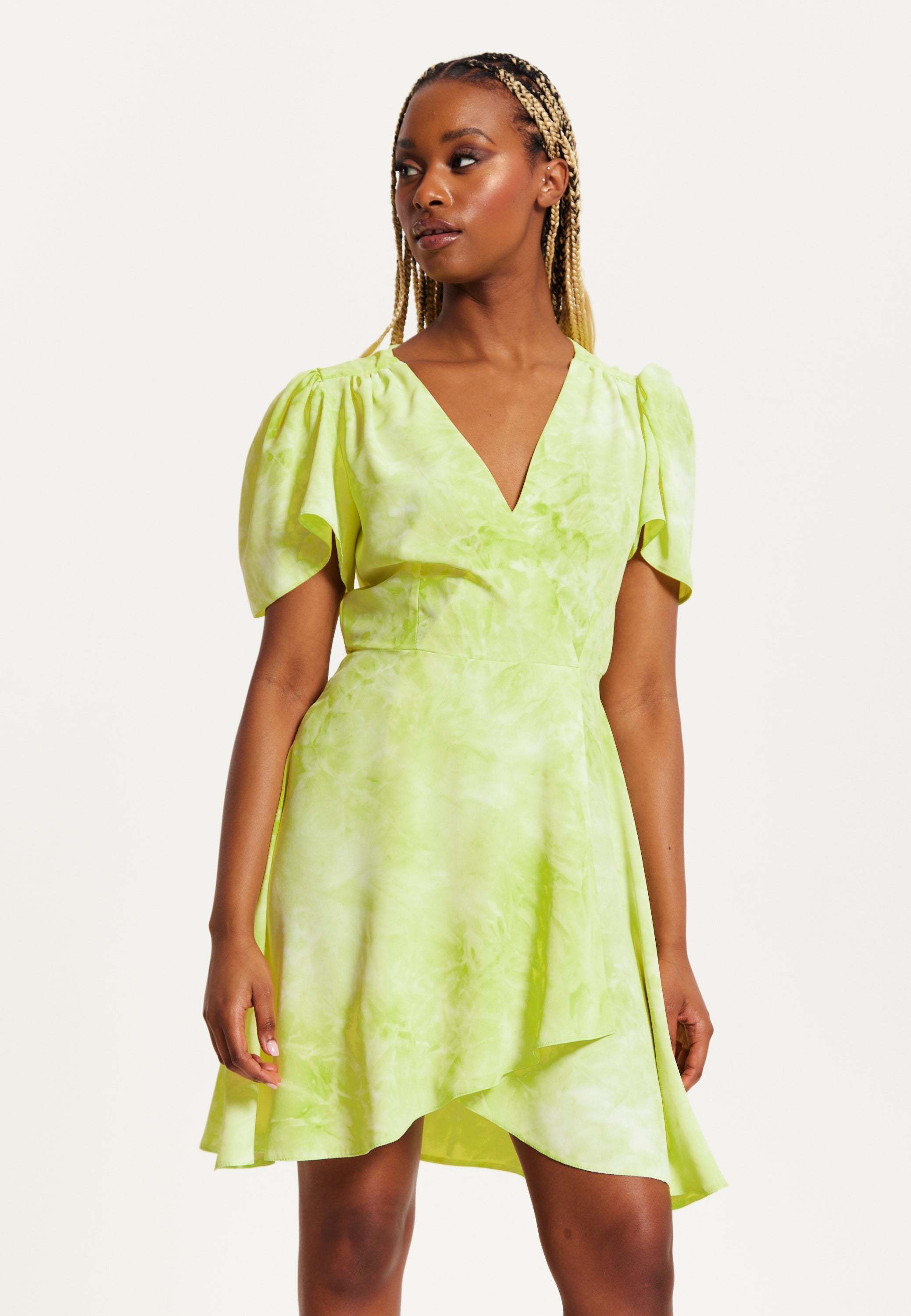 Women's Mini Dress with Angel Sleeves in Pistachio - Stylish Wrap Design, Perfect for Any Occasion - Liquorish