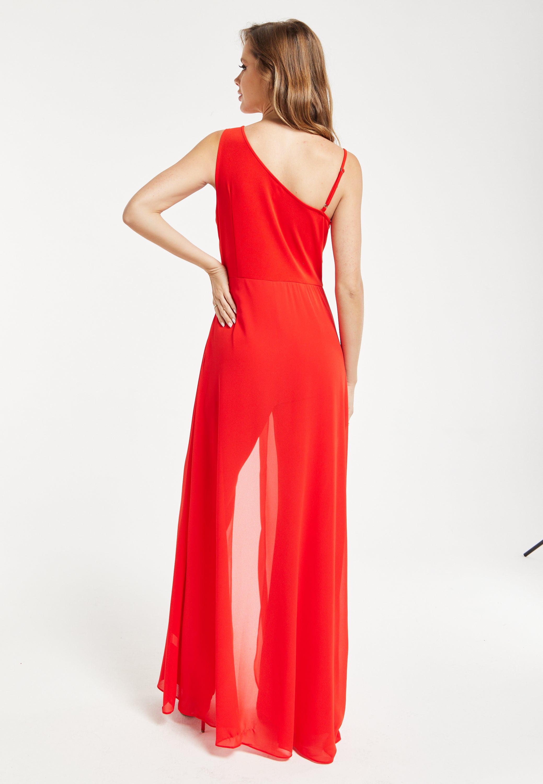 Women’s Red Sleeveless Jumpsuit with Sheer Overlay for Elegant Evening Wear - Liquorish