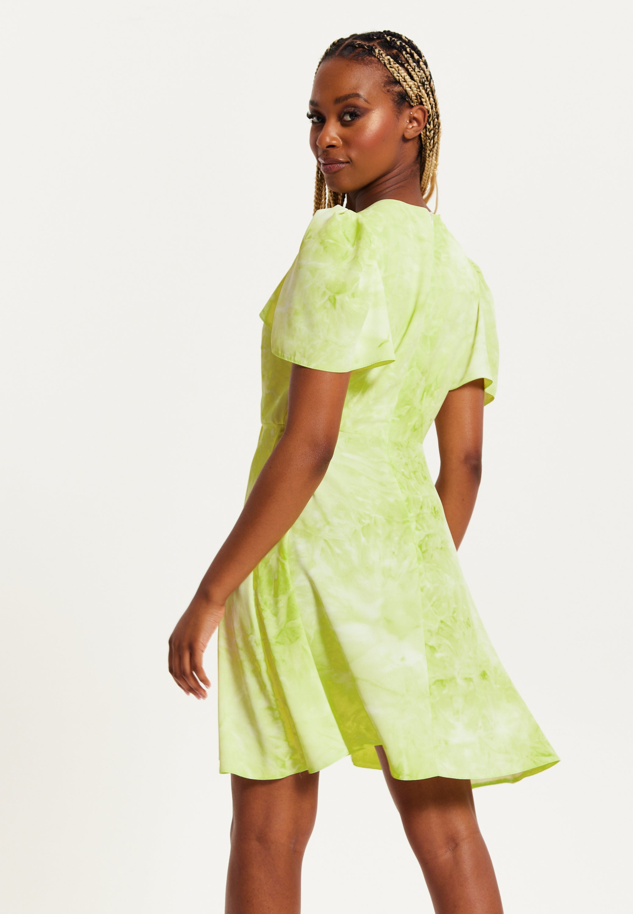 Women's Mini Dress with Angel Sleeves in Pistachio - Stylish Wrap Design, Perfect for Any Occasion - Liquorish